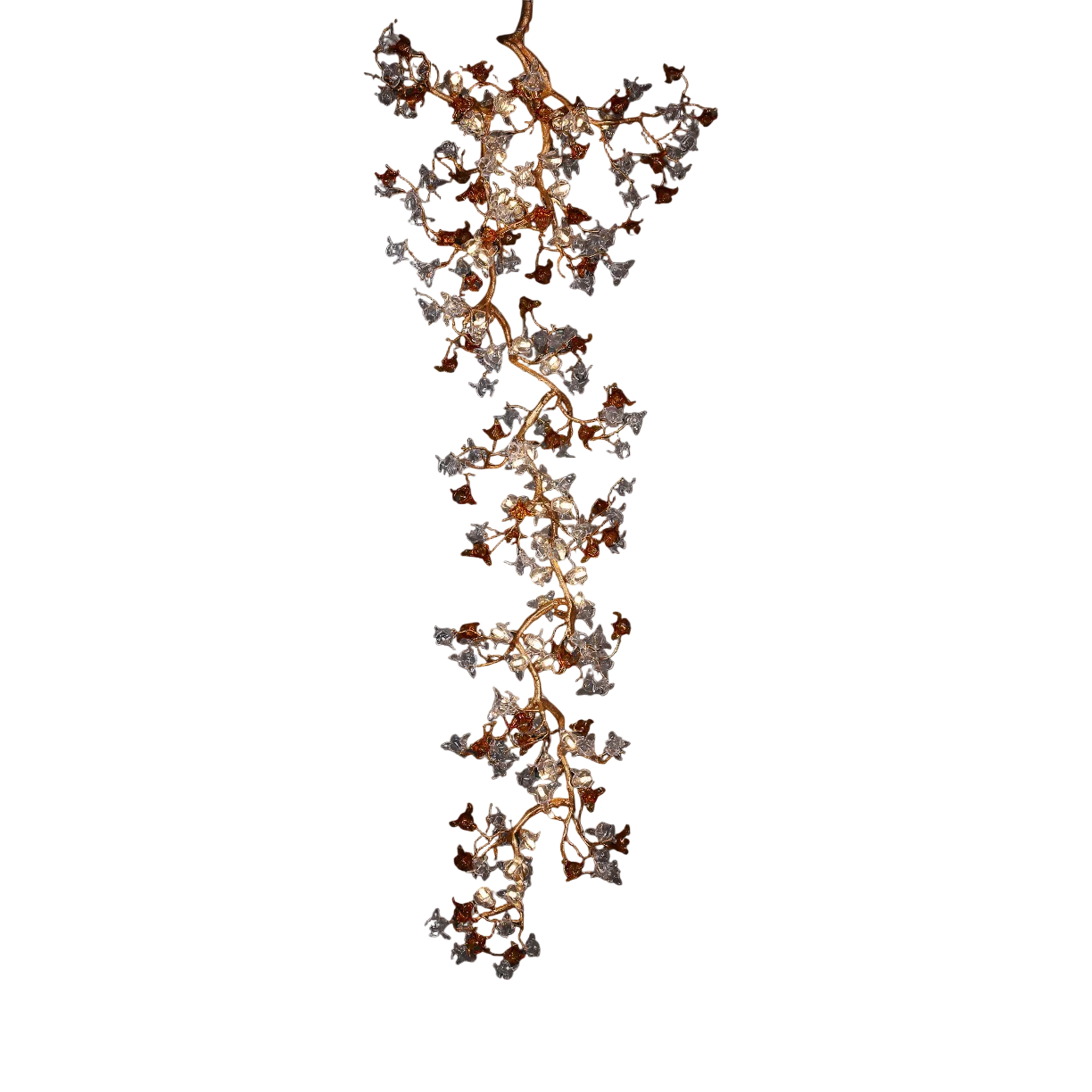 VORELLI Bloom linear staircase chandelier showing its vertical cascading form and sophisticated amber-tinted glass textures.