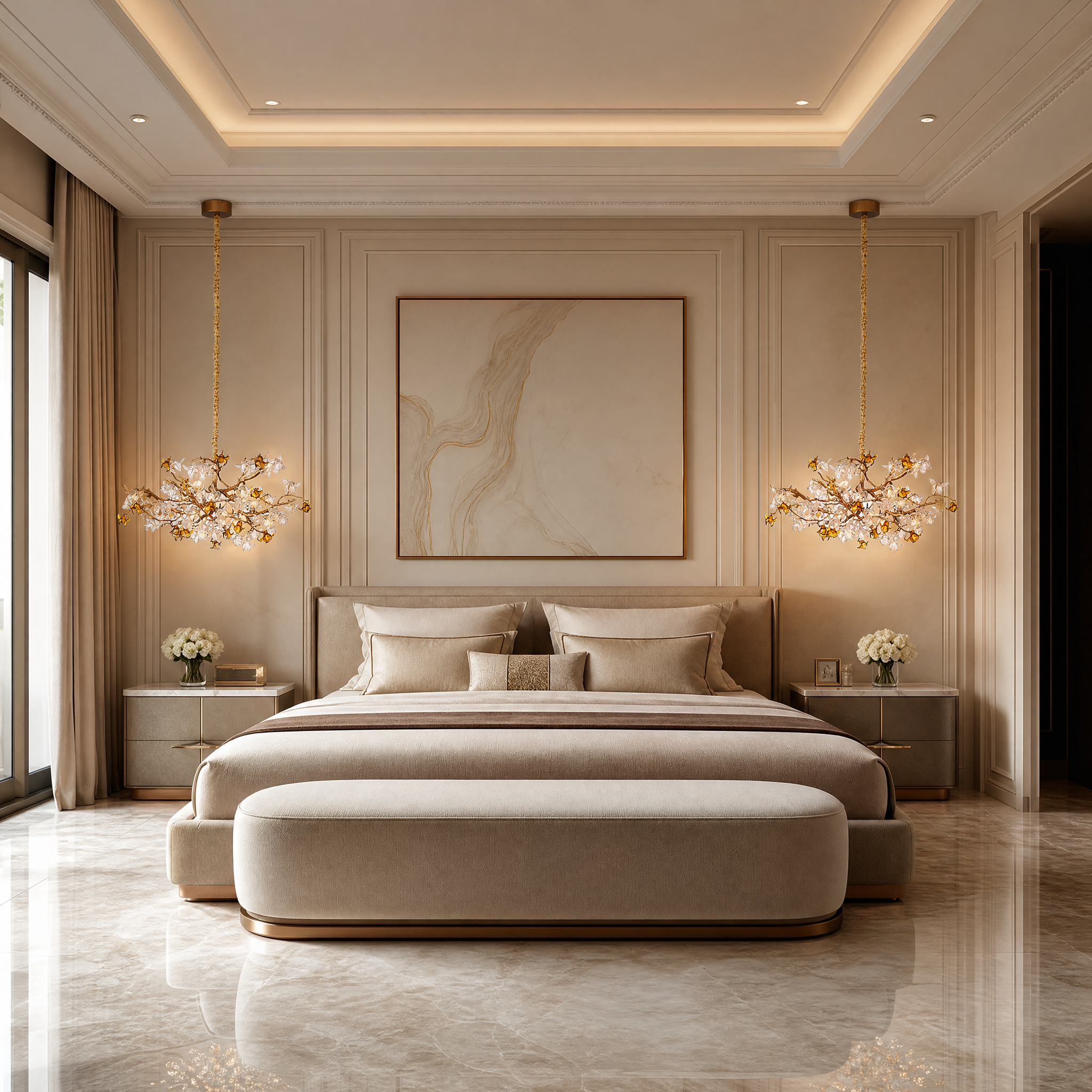 Luxurious residential dining room featuring the sculptural VORELLI Bloom Pendant Light with amber glass accents.