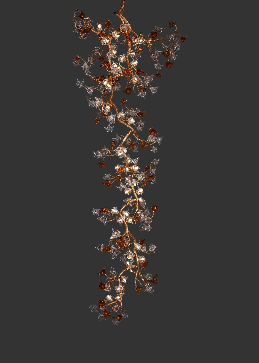 Bloom Staircase Chandelier II featuring cascading crystal petals and sculptural branching elements in a dramatic vertical formation.