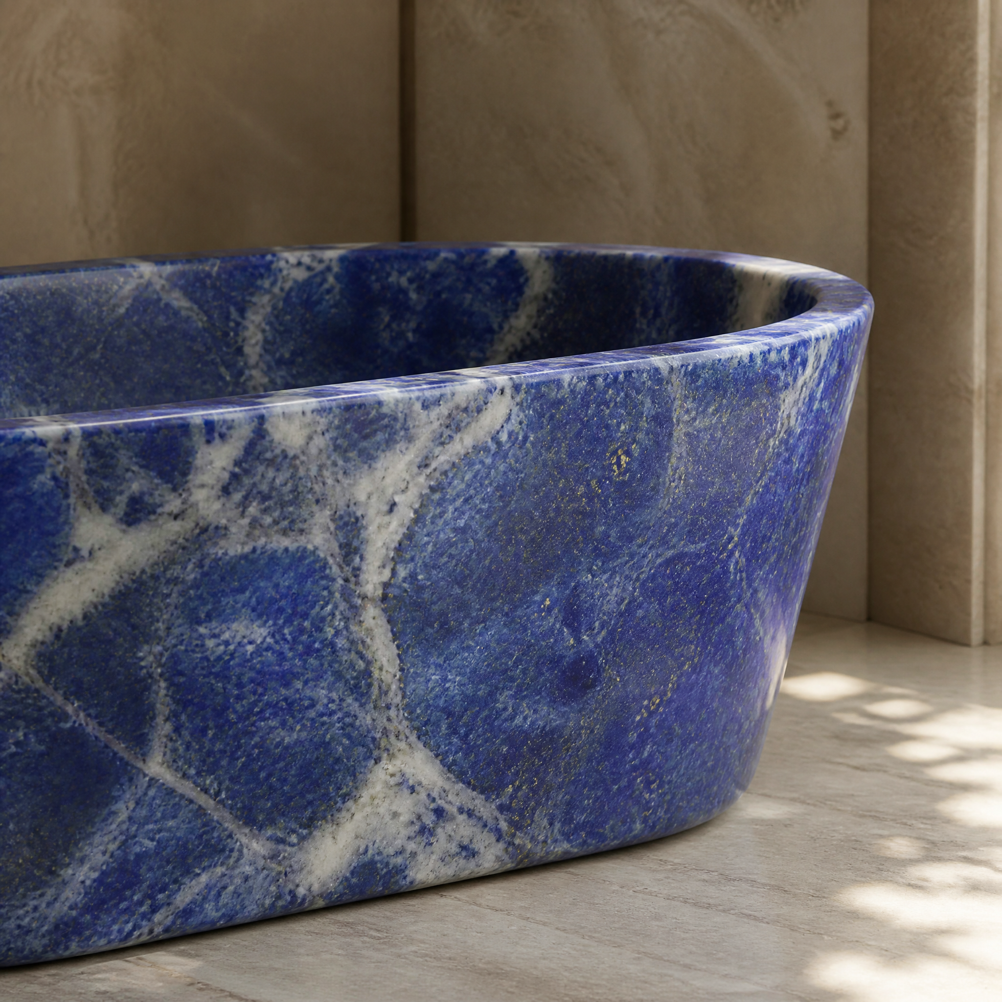 Blue Sodalite Marble Freestanding Bathtub - Tapered stone craftsmanship detail image by VORELLI