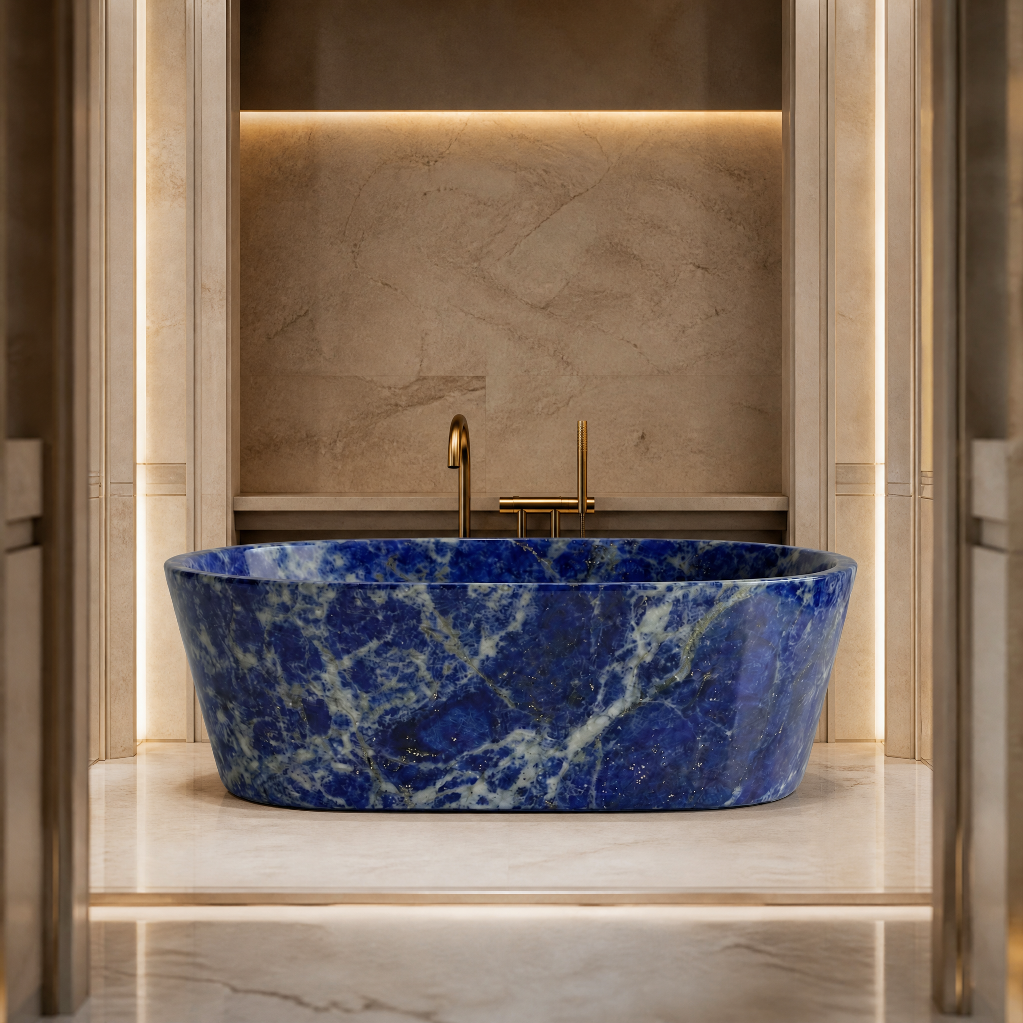 Blue Sodalite Marble Freestanding Bathtub - Tapered palace hotel spa lifestyle image by VORELLI