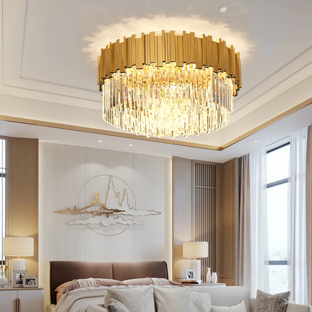 Boeotia ceiling light featuring gold cuboid tubes with cascading crystal bars in a luxury interior.