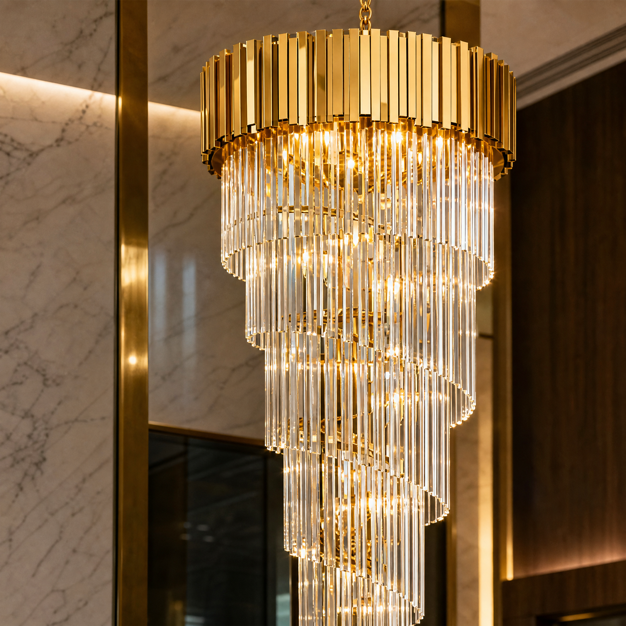 Detailed closeup of the VORELLI Boeotia chandelier, highlighting the intricate cuboid tubing and shimmering crystal bars that create a sophisticated reflection.
