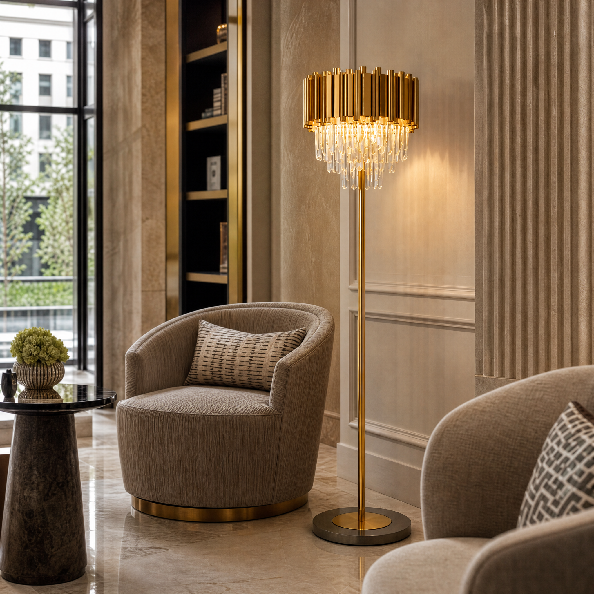 The luxurious Boeotia floor lamp featuring cuboid tubing and crystal accents in a boutique hotel lobby.