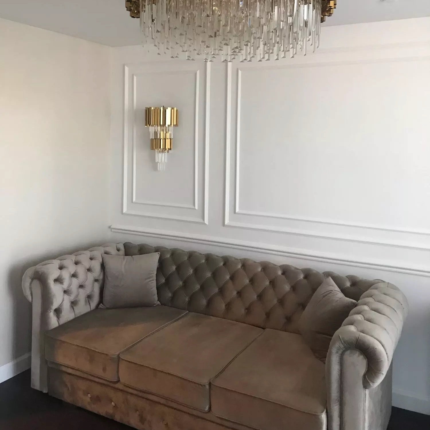 VORELLI® Boeotia Double Wall Light installed in a luxury living room, featuring layered crystal detailing and elegant ambient illumination