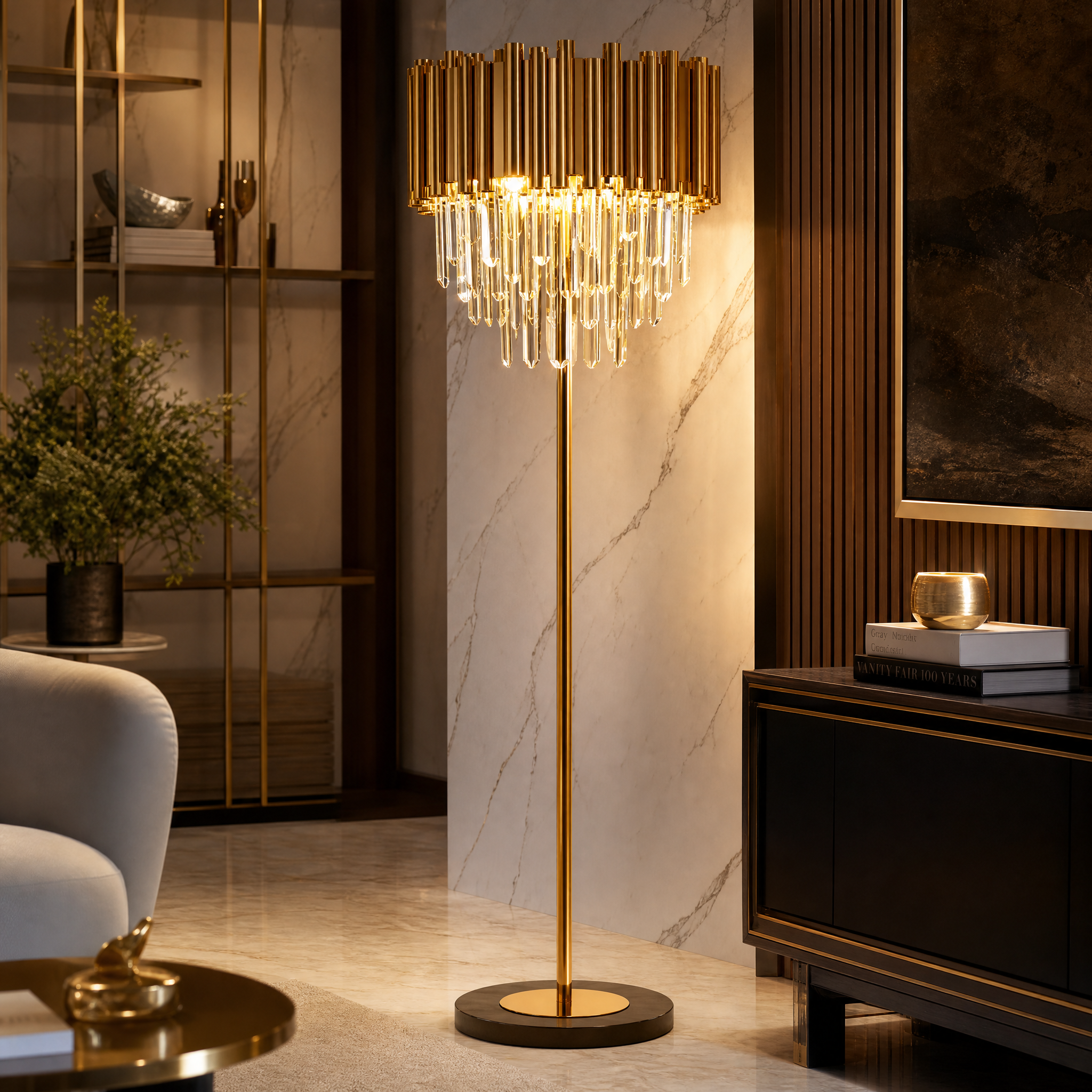 Close up view of the intricate crystal bars and metal cuboid structure on the VORELLI Boeotia floor lamp.