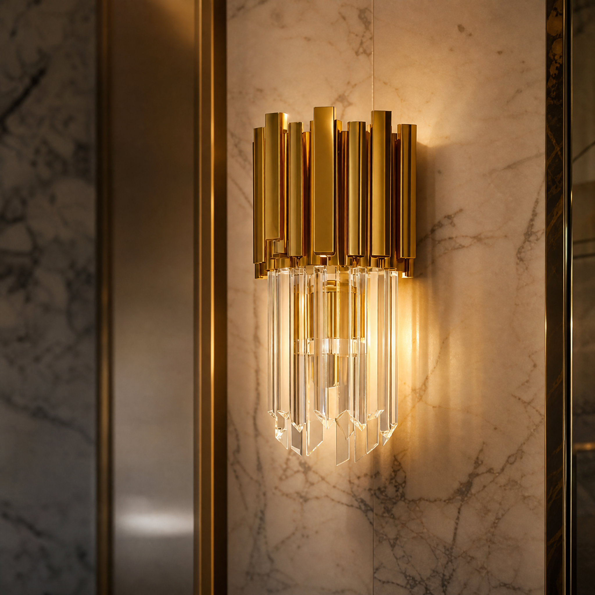 A detailed closeup of the VORELLI Boeotia Wall Light II, highlighting the fine craftsmanship of the dazzling crystal bars and sleek metal frame.