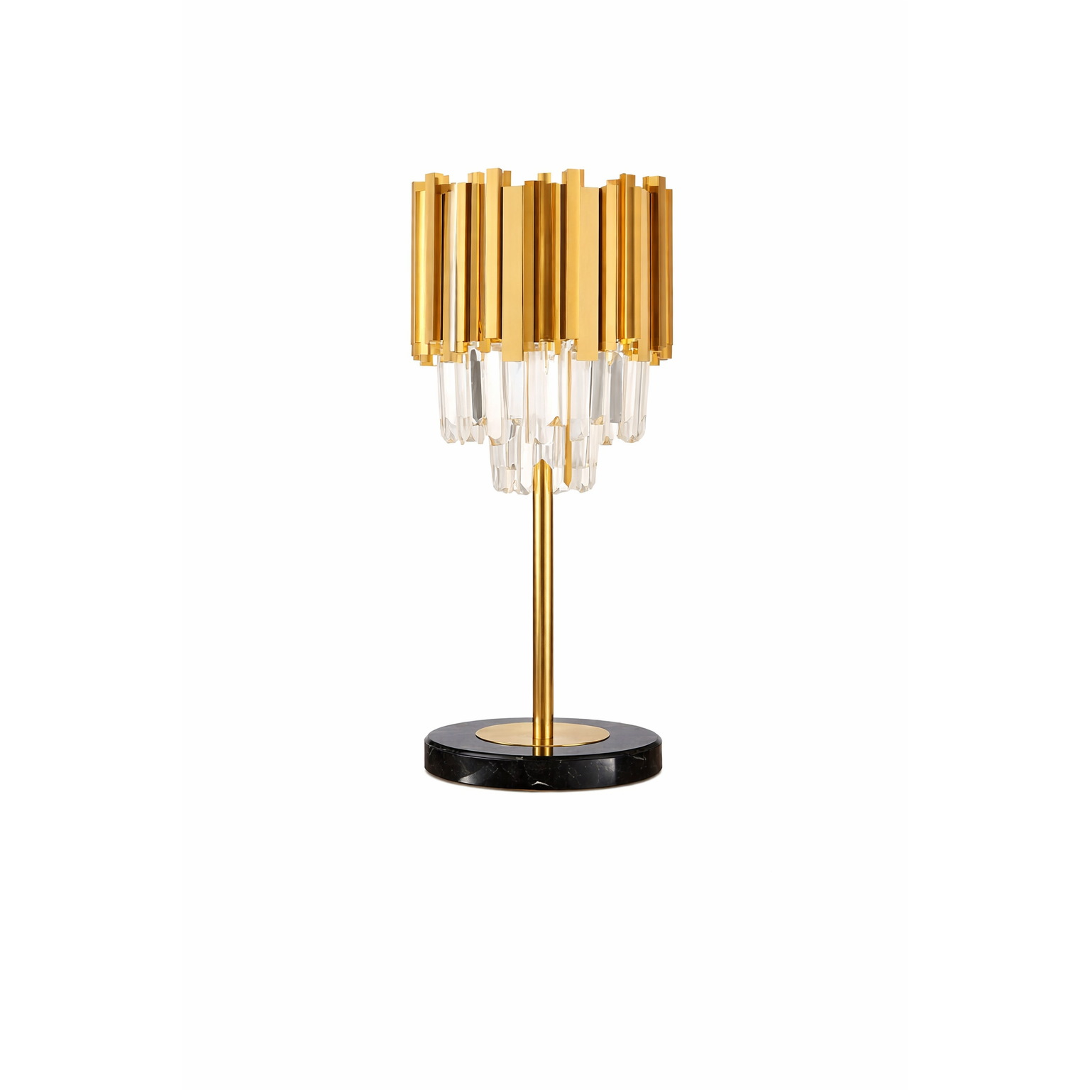 Vorelli Boeotia table lamp casting a tranquil, warm glow through its shimmering crystal bars, enhancing a refined contemporary interior design.