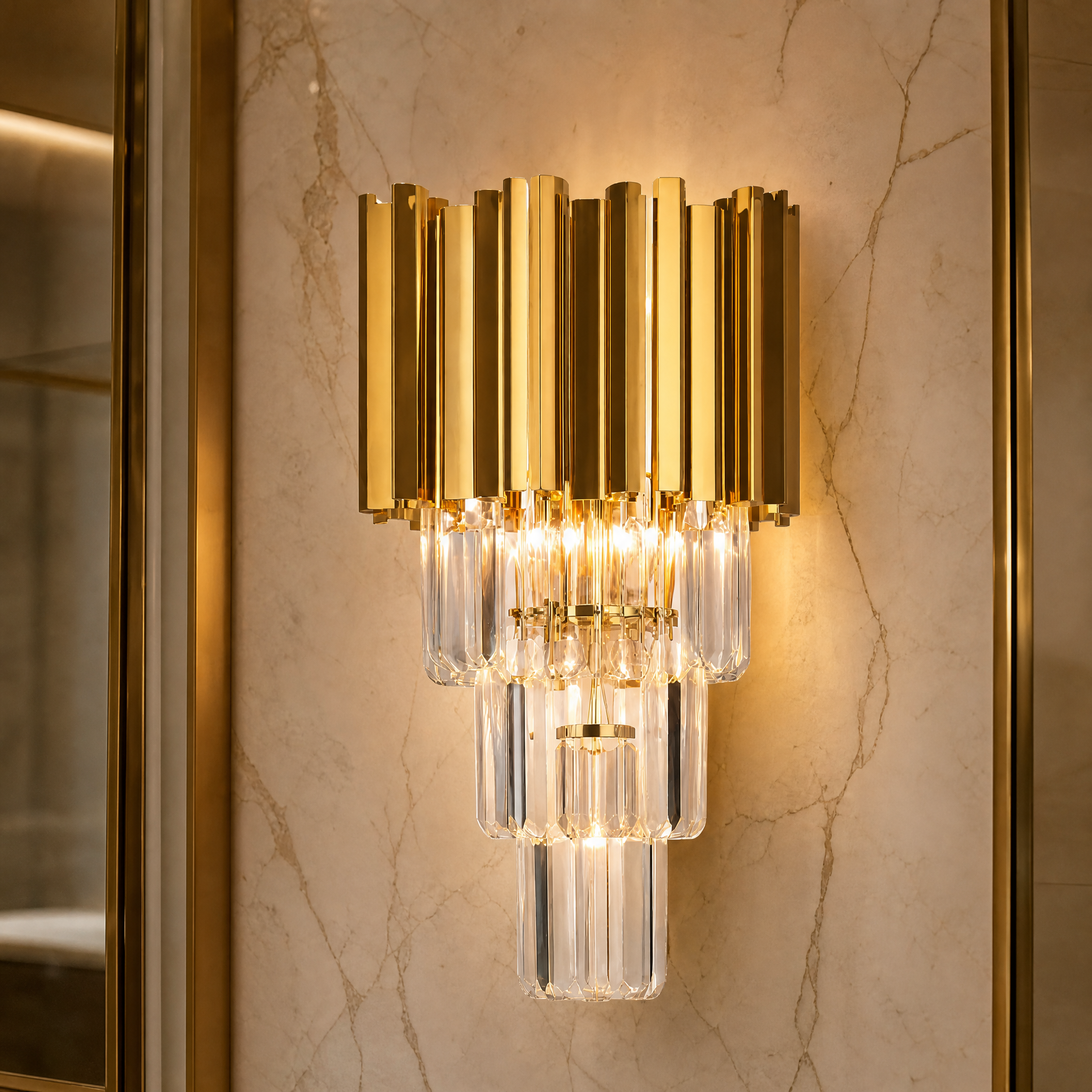 Detailed closeup of the VORELLI Boeotia wall light, highlighting the high-quality crystal bars and precision-engineered cuboid tubing.