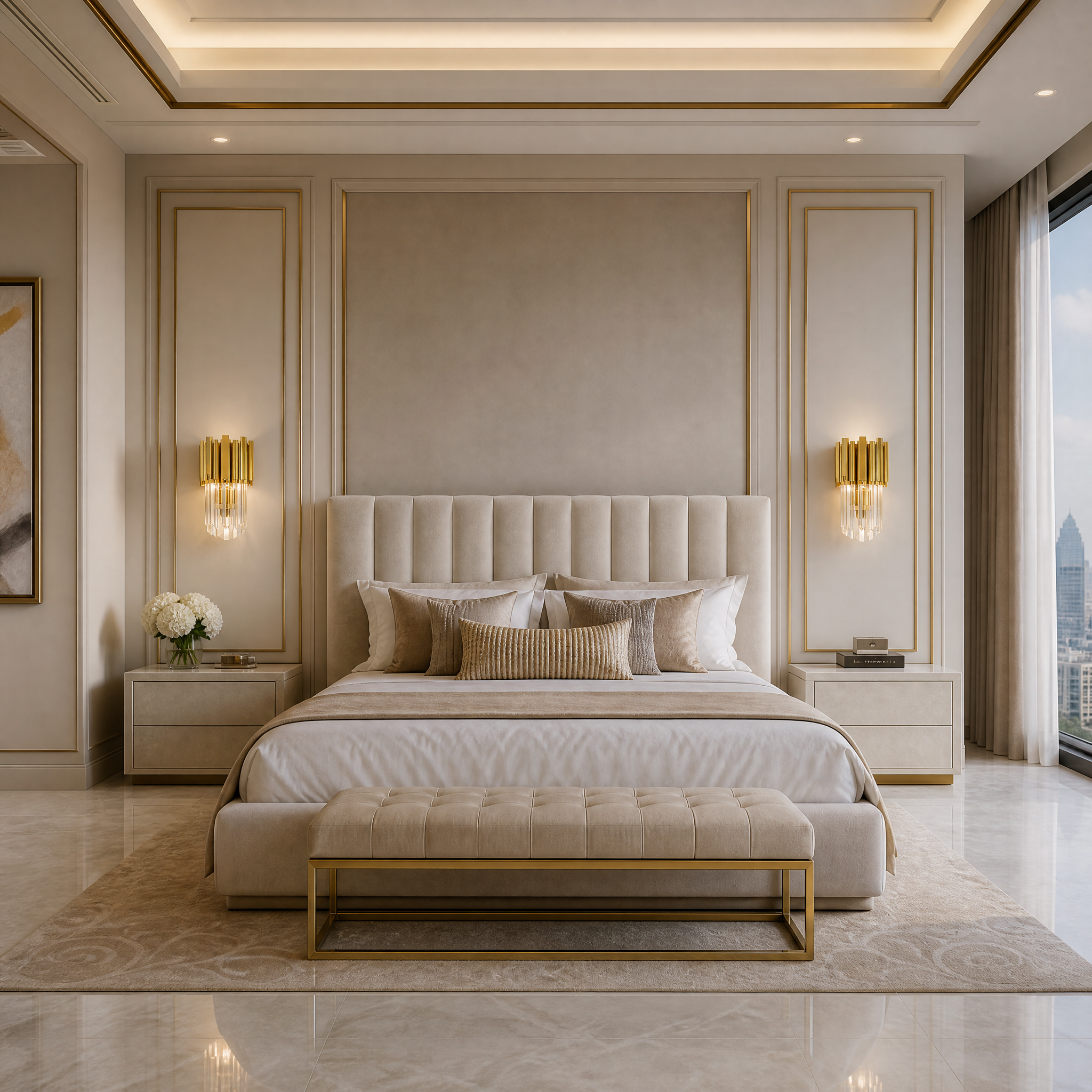 VORELLI Boeotia Wall Light II installed in a luxury residential living room, casting a warm glow over contemporary decor.
