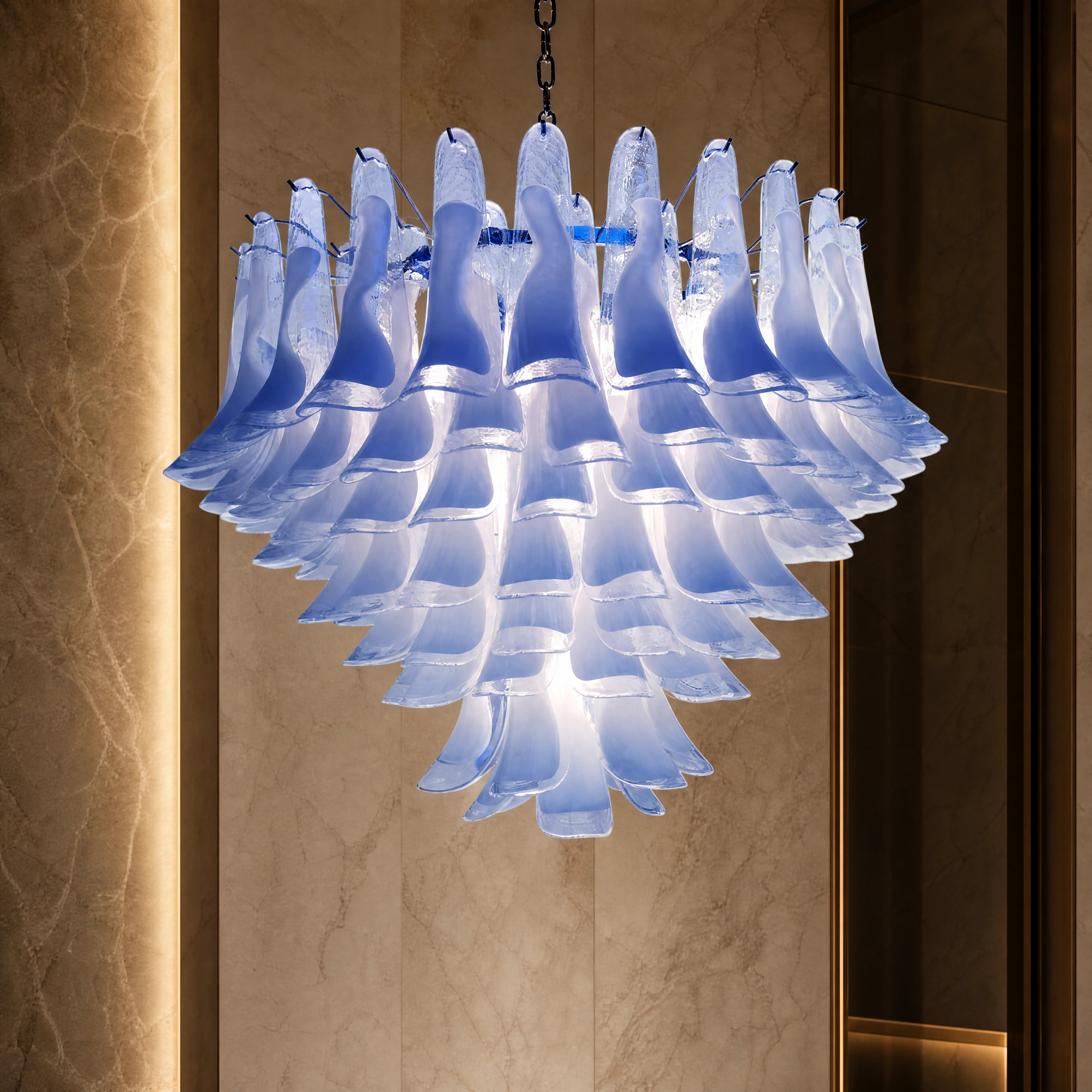 Bolzano Selle Murano Glass Staircase Chandelier close-up luxury lifestyle hero image by VORELLI