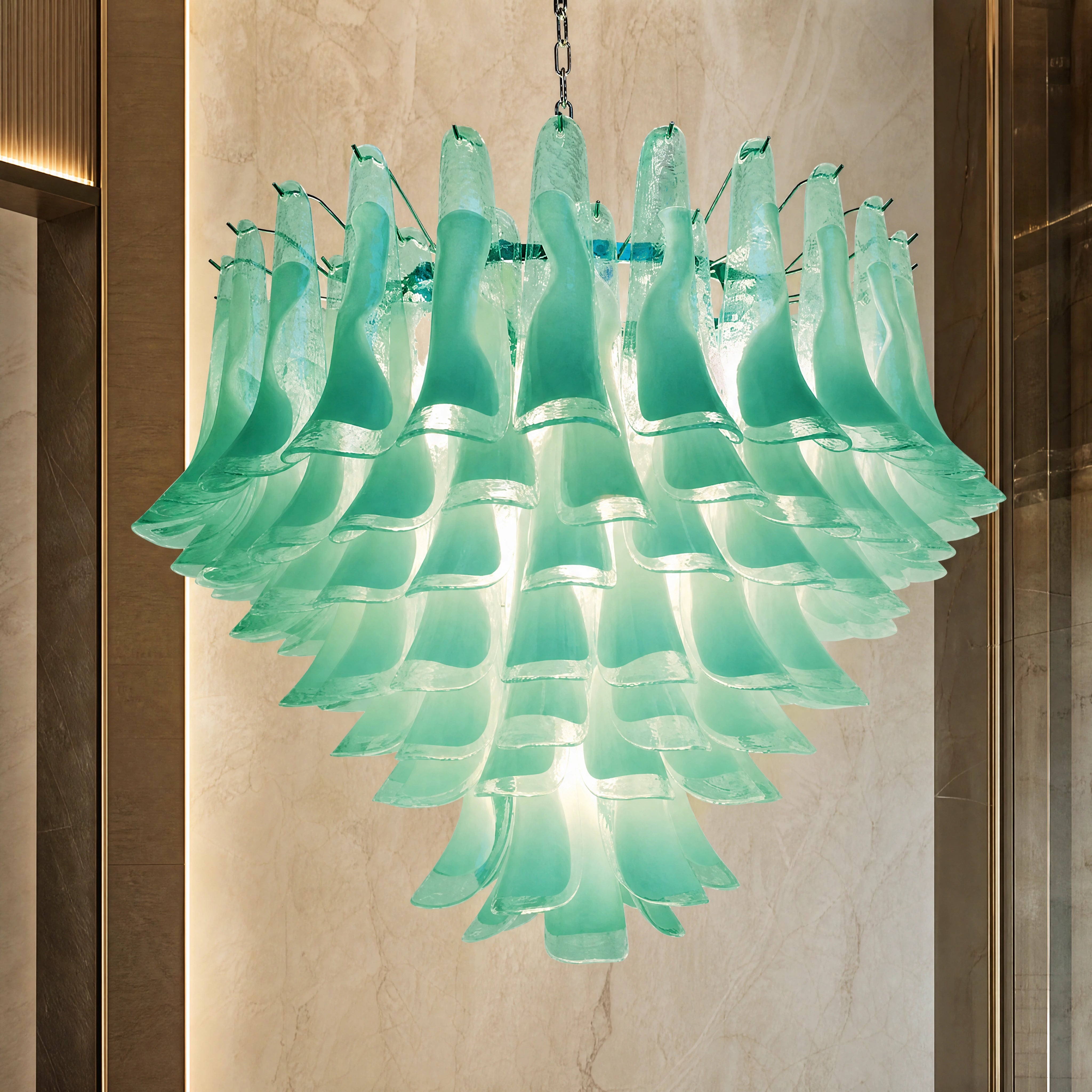 Bordighera Selle Murano Glass Staircase Chandelier close-up luxury lifestyle hero image by VORELLI