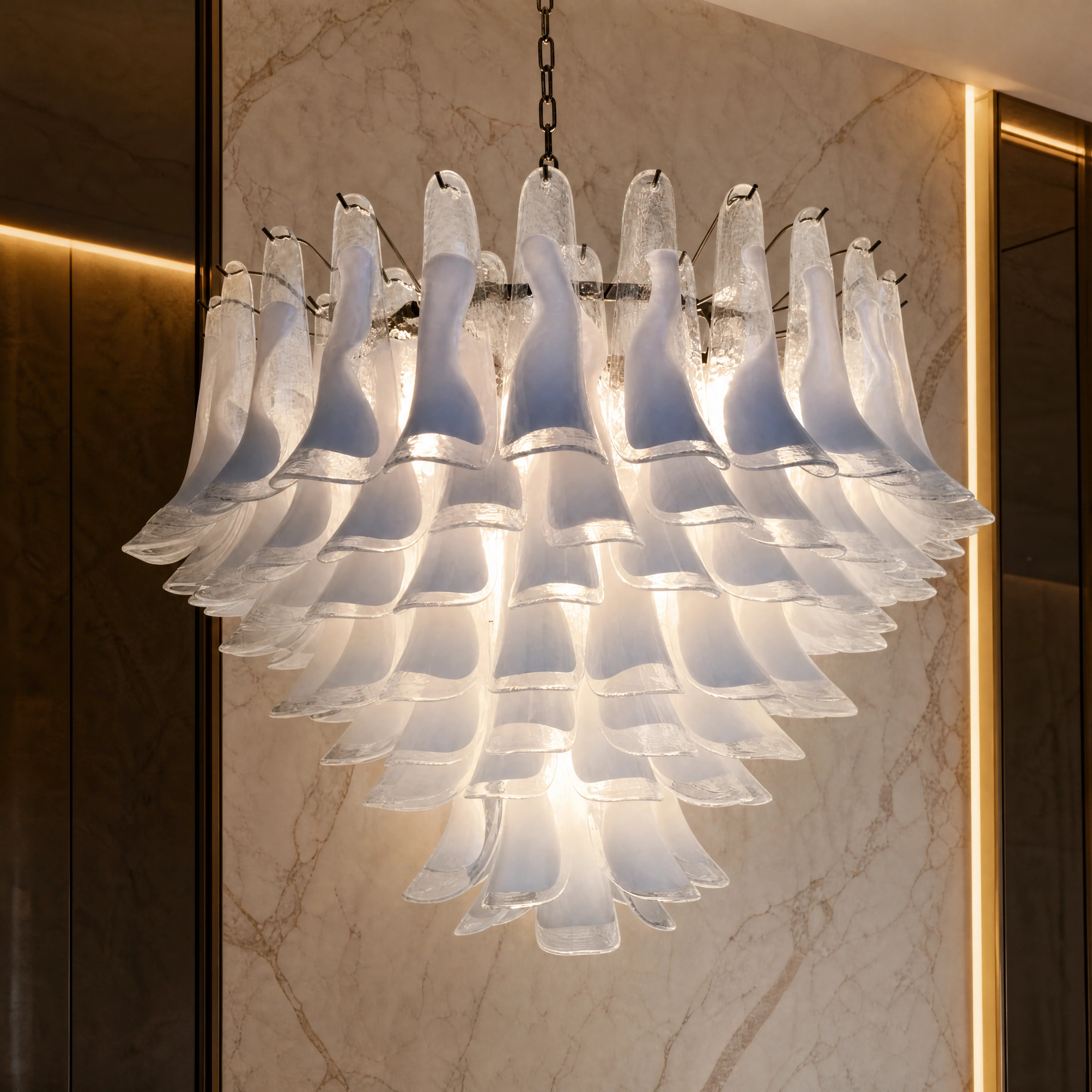 Brescia Selle Murano Glass Staircase Chandelier close-up luxury lifestyle hero image by VORELLI