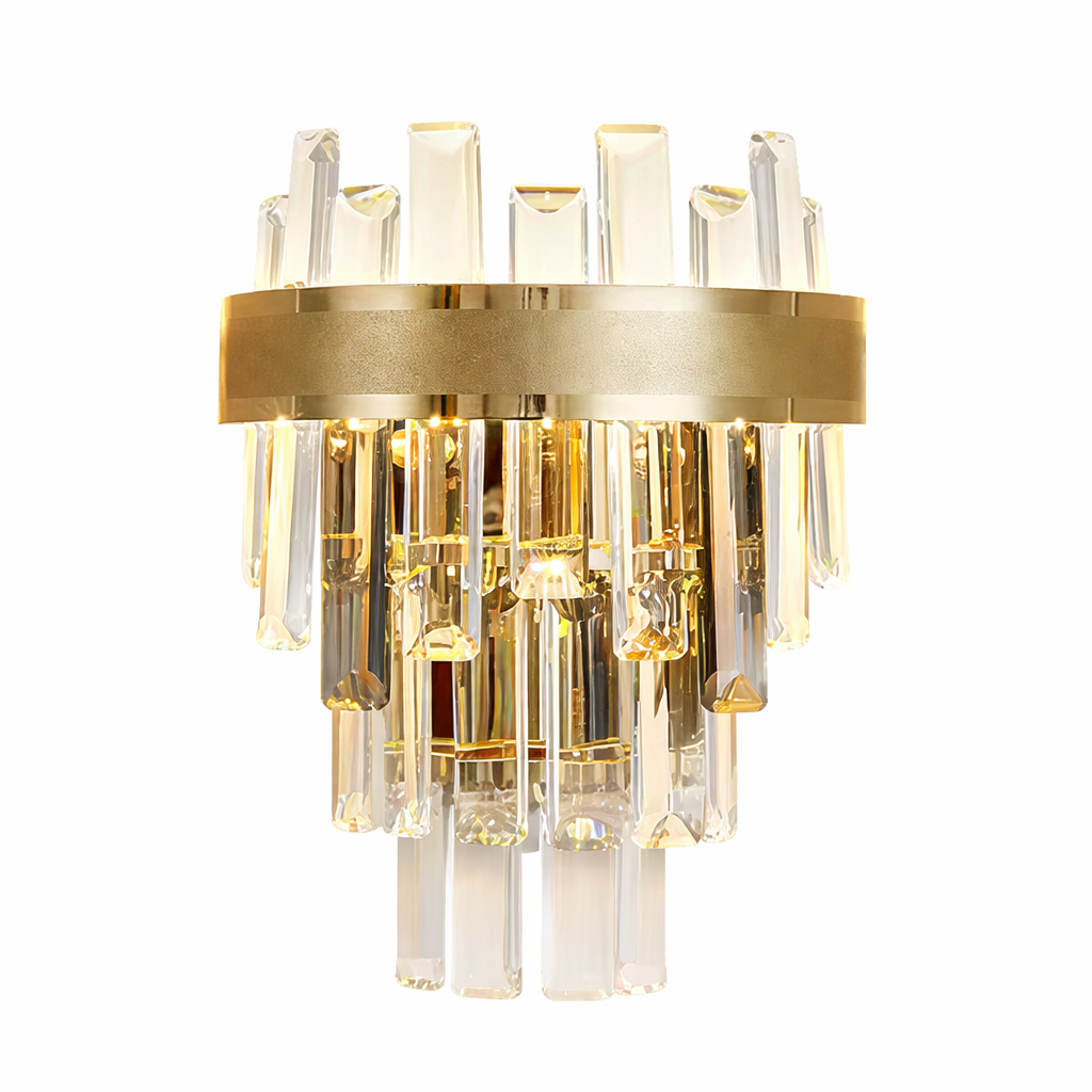 VORELLI Brighouse modern crystal wall light illuminating a luxury residential living room with a warm, inviting glow.