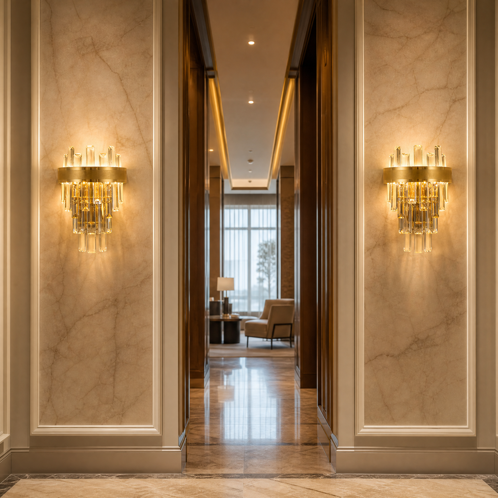 Sophisticated Brighouse modern wall sconces illuminating a luxury boutique hotel corridor, elevating the hospitality interior design.