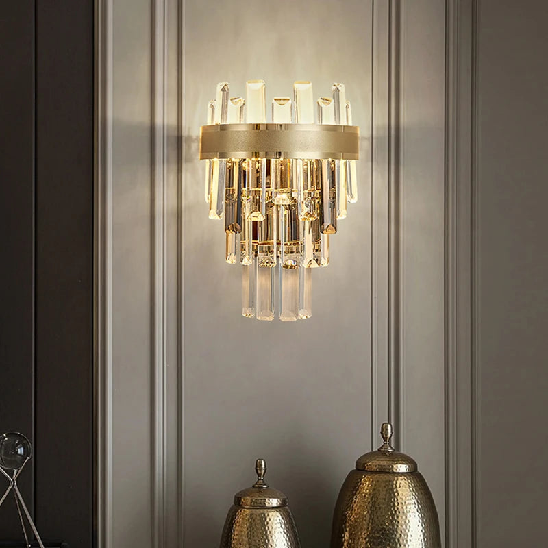 Brighouse Wall Light featuring rounded rectangle diamond-cut crystals arranged in a layered contemporary design.