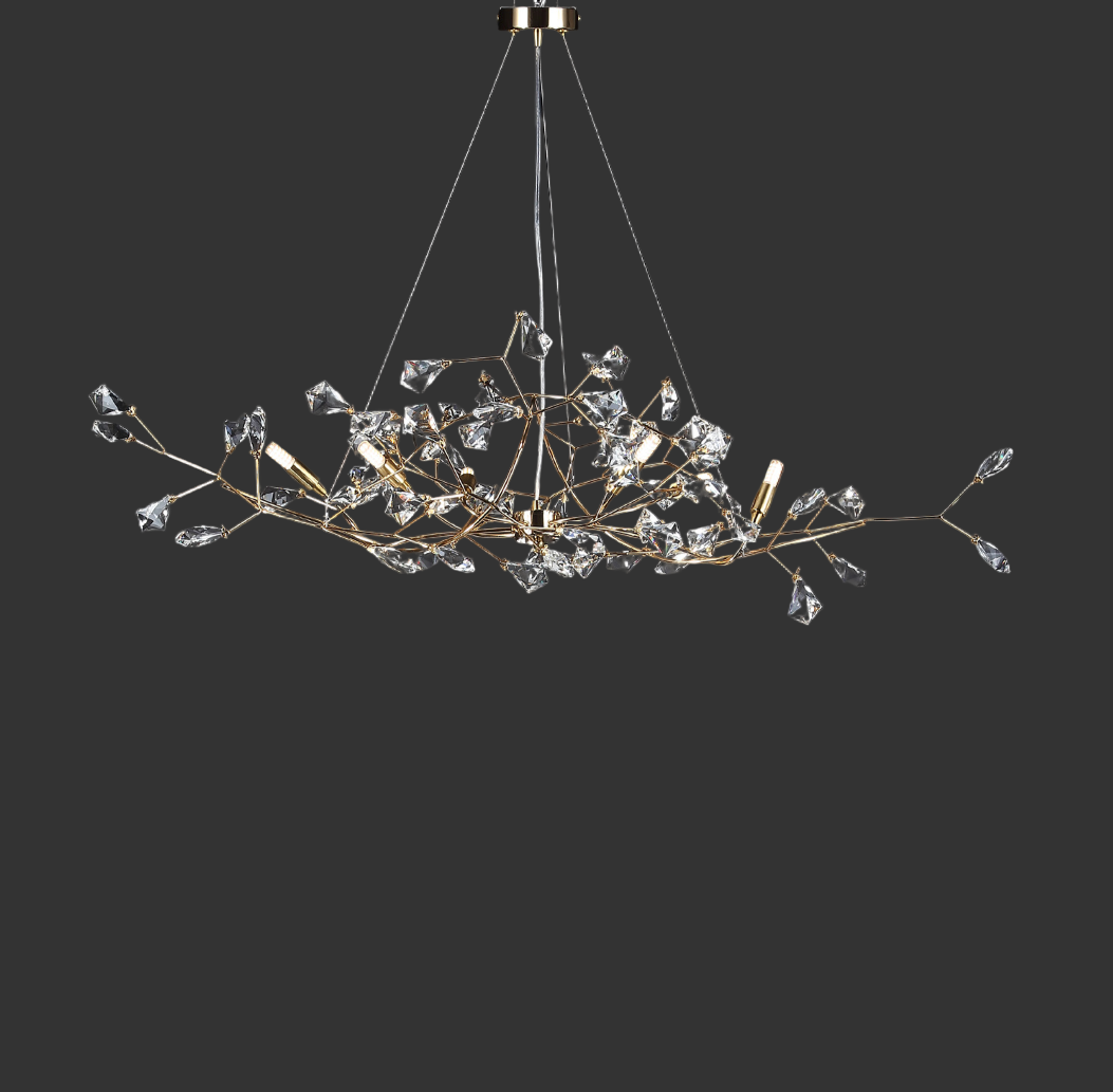 Brisella Rectangular Chandelier with sculptural branch-like frame and diamond-cut faceted crystals creating a modern, elongated silhouette.