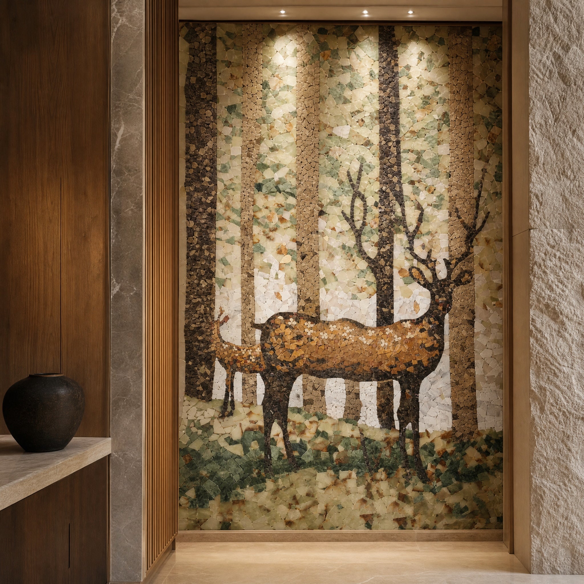 Buck Handcrafted Wall Decorative Stone Medallion decorative mosaic wall in a luxury bathroom