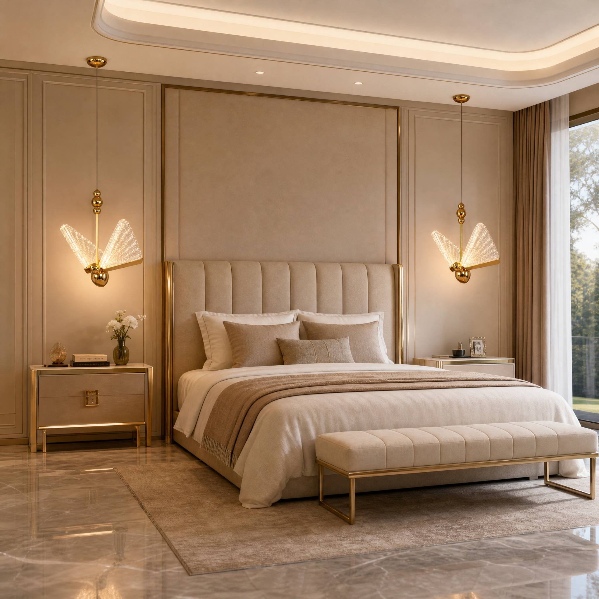 VORELLI Butterfly pendant light with sculpted crystal wings casting a soft ambient glow over a modern residential seating area.