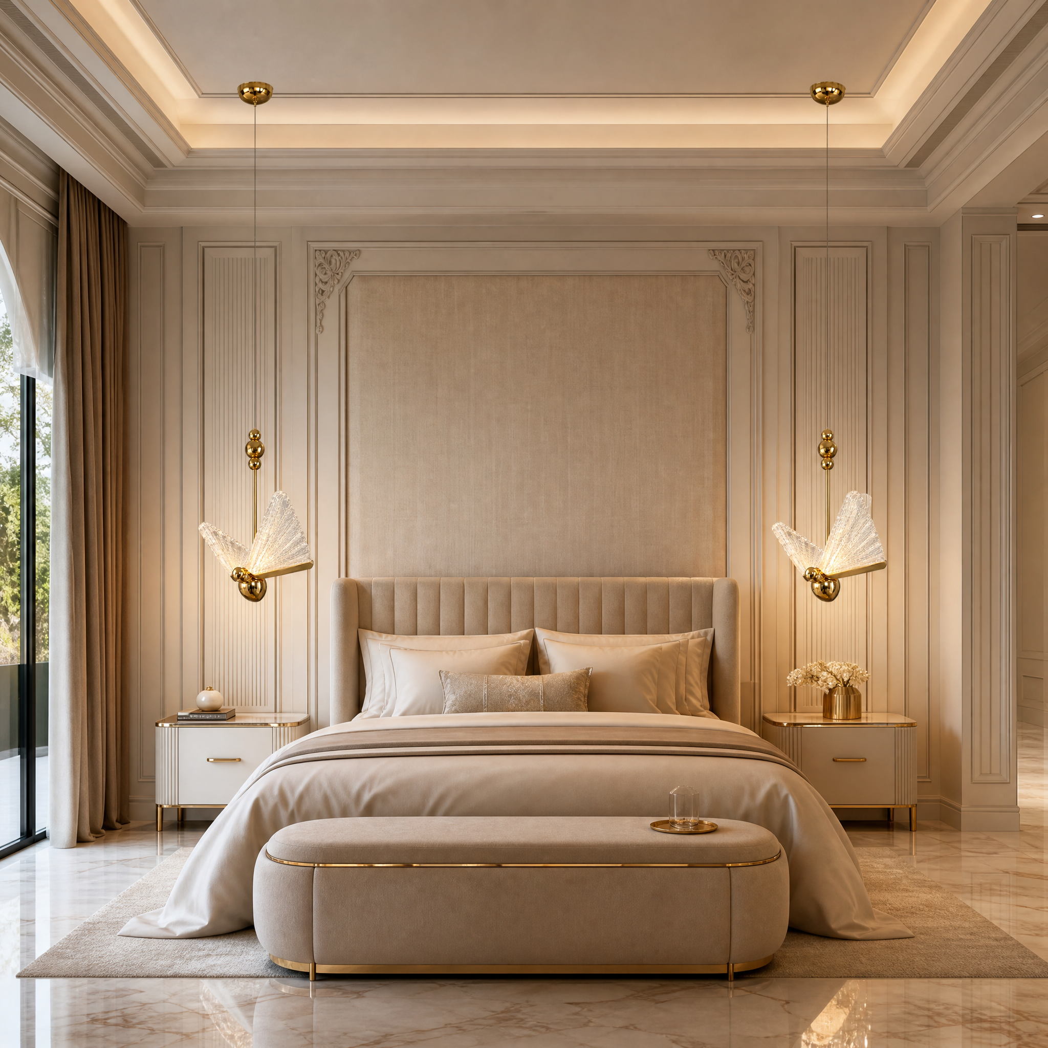 VORELLI Butterfly Pendant Light illuminating a luxury children's bedroom with a warm, enchanting glow.