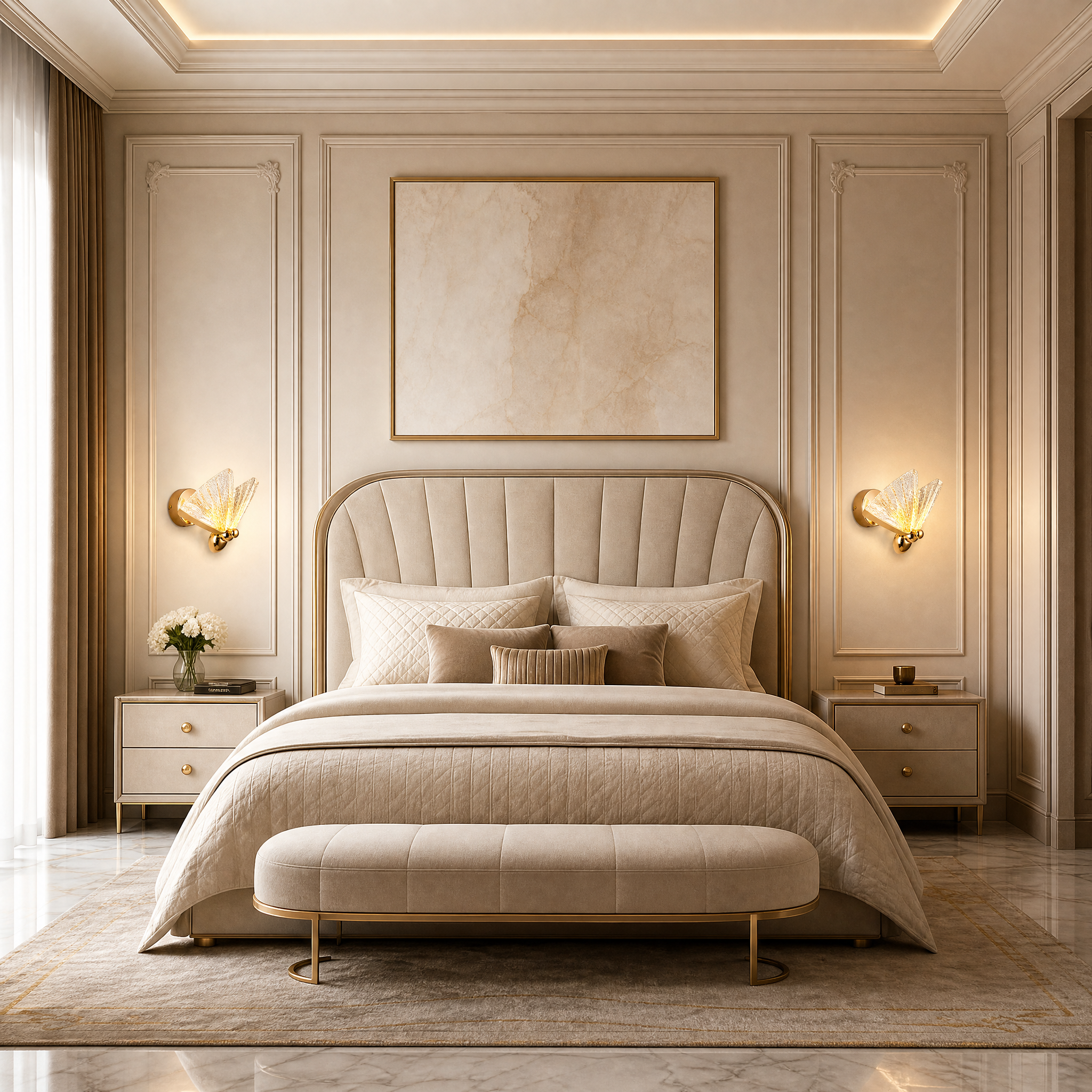 A VORELLI Butterfly Wall Light illuminating a cozy children's bedroom with a soft, magical glow next to a bed.
