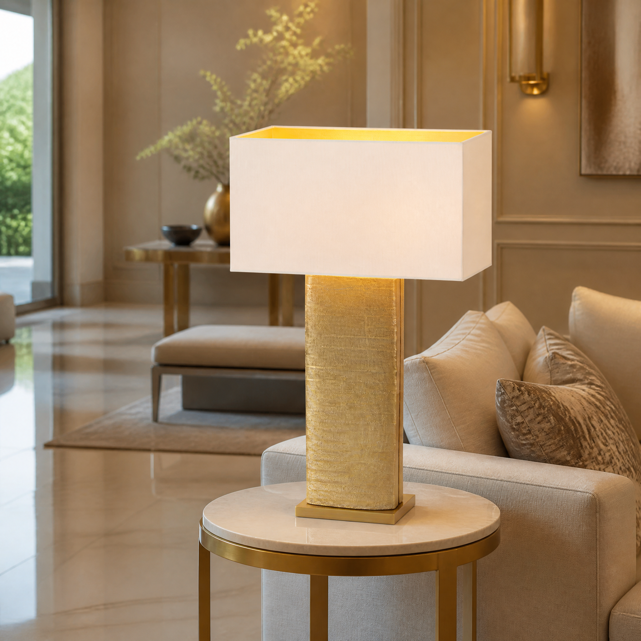 VORELLI Caelora brass and ceramic table lamp casting a warm glow on a chic bedside table in a luxury modern bedroom setting.