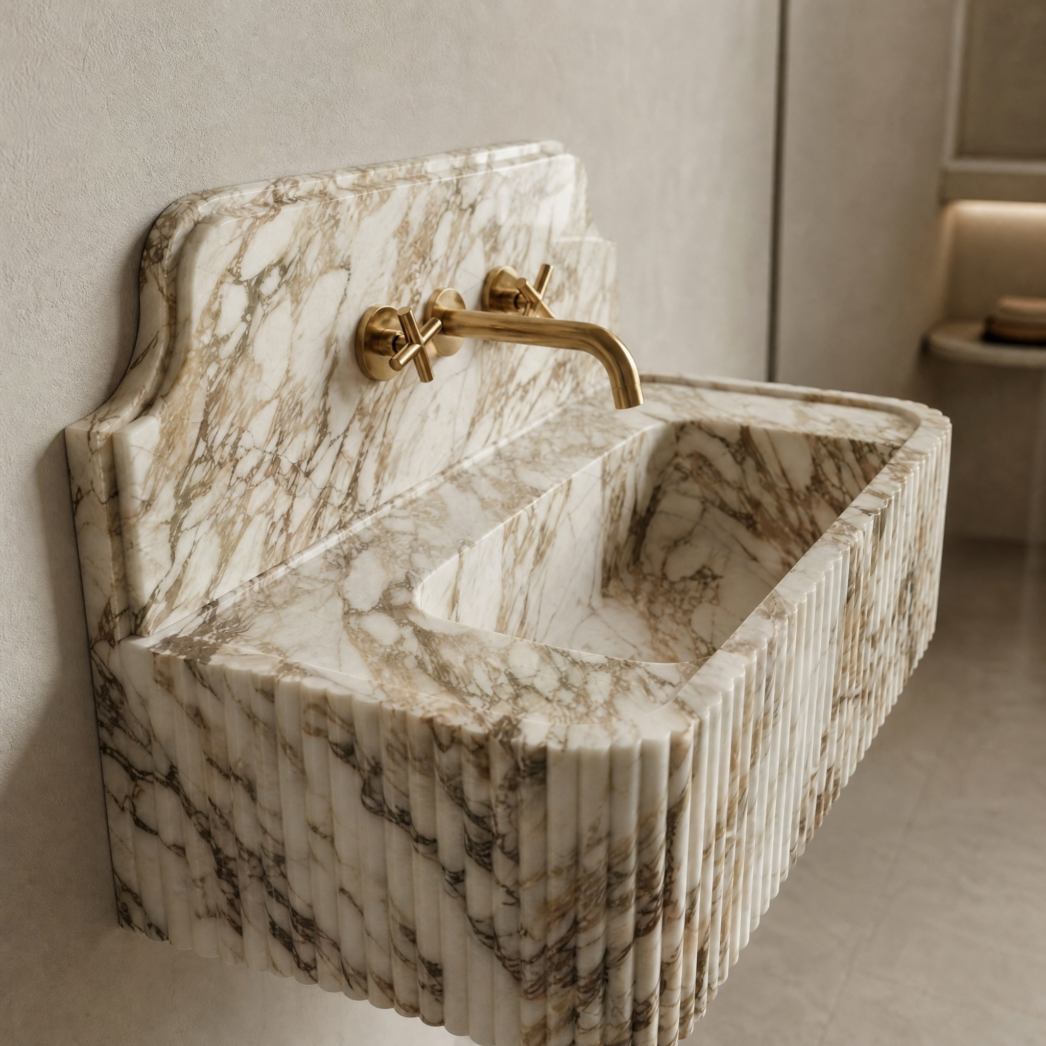 Calacatta Gold Backsplash Sink - Fluted stone craftsmanship detail image by VORELLI