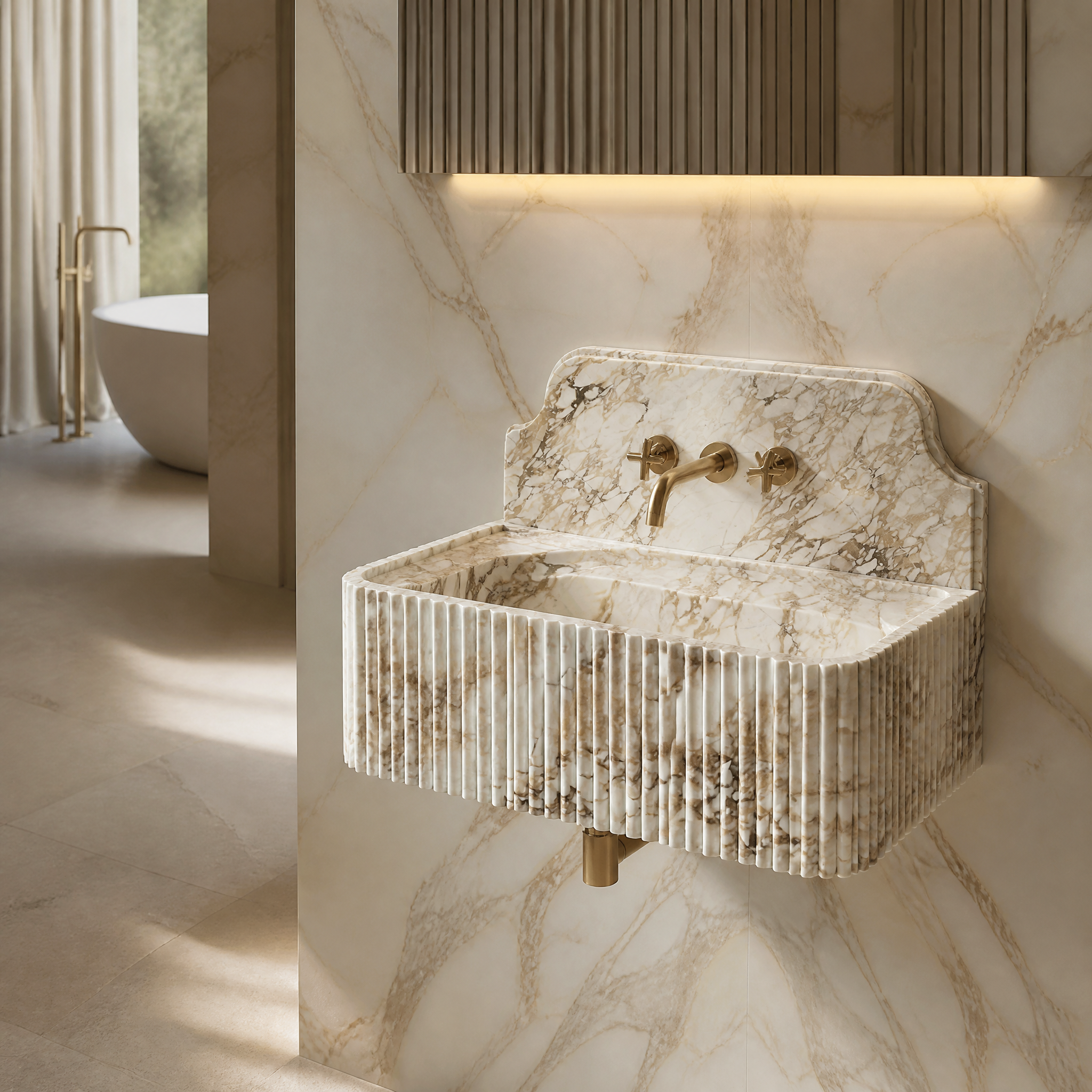 Calacatta Gold Backsplash Sink - Fluted private residence lifestyle image by VORELLI