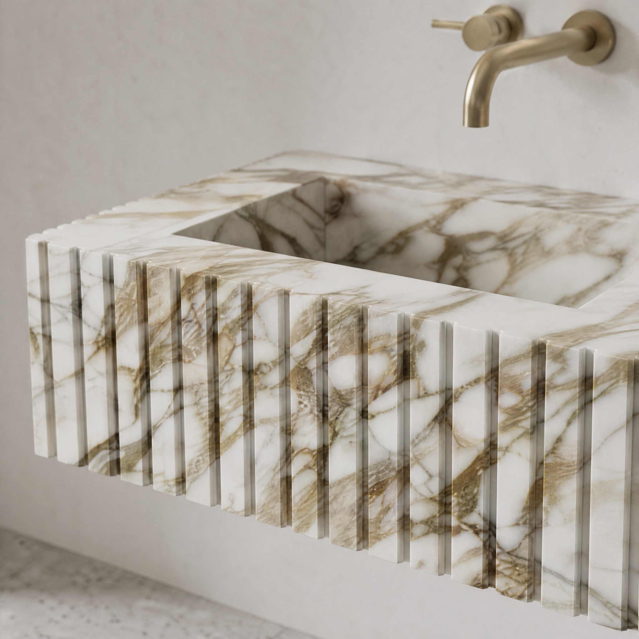 Calacatta Gold Marble Double Sink - Fluted stone craftsmanship detail image by VORELLI