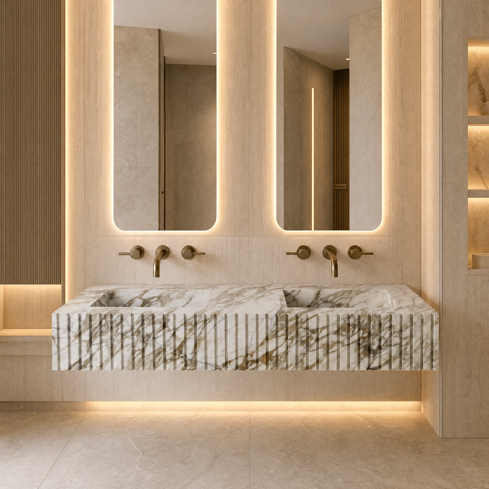 Calacatta Gold Marble Double Sink - Fluted palace hotel spa lifestyle image by VORELLI