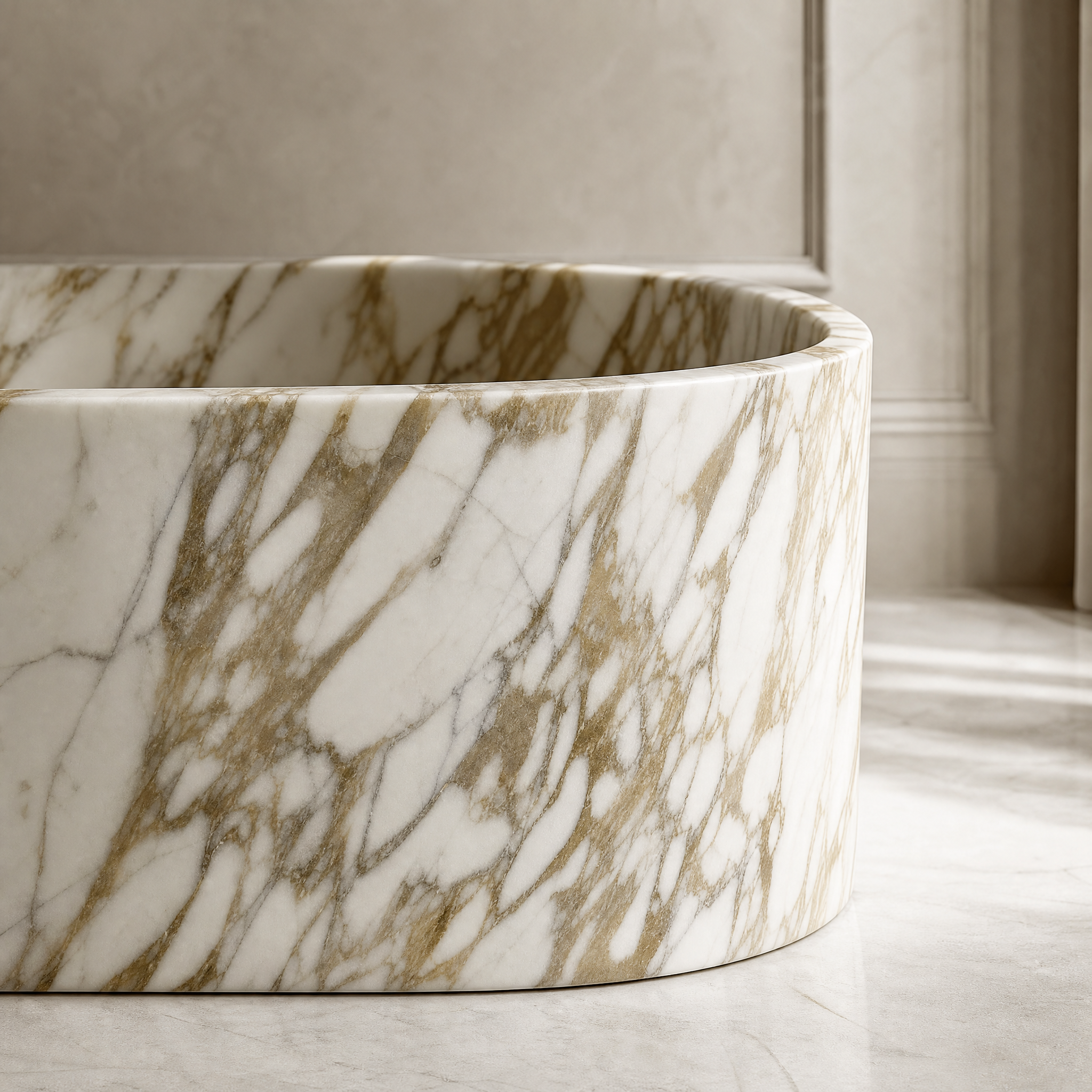 Calacatta Gold Marble Freestanding Bathtub - Elliptical stone craftsmanship detail image by VORELLI
