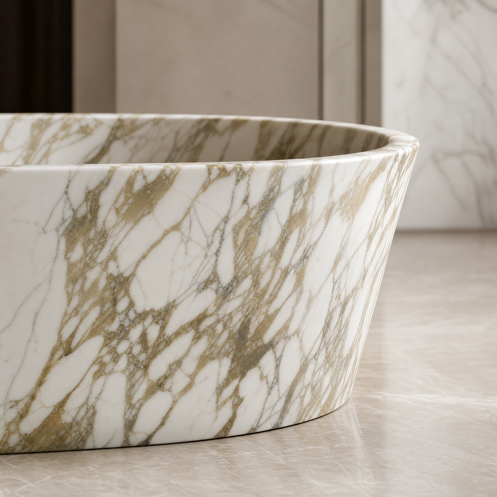 Calacatta Gold Marble Freestanding Bathtub - Tapered stone craftsmanship detail image by VORELLI