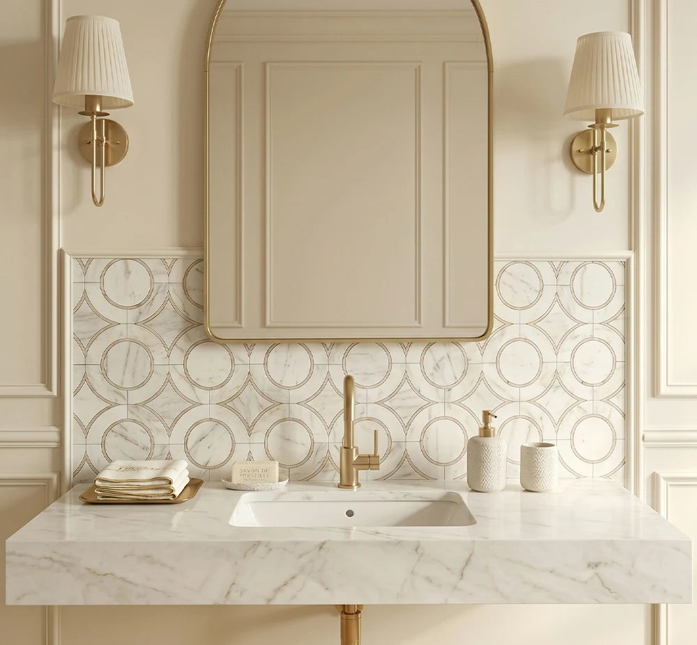 Calacatta Gold Waterjet Marble Mosaic luxury white, gold waterjet marble mosaic for premium UK interiors