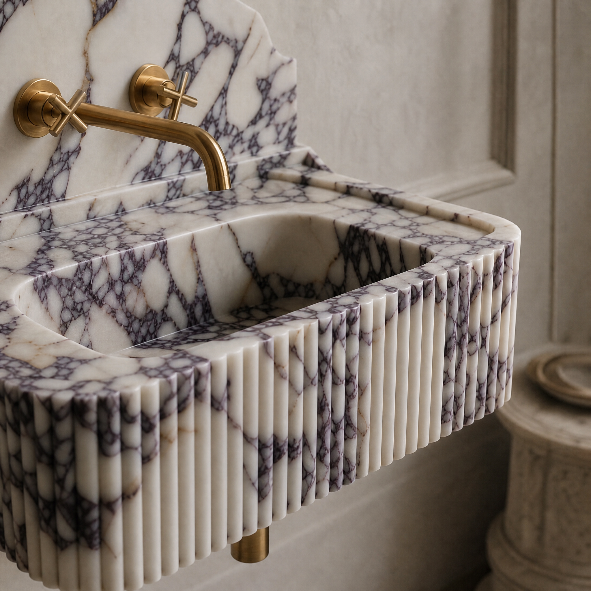 Calacatta Viola Backsplash Sink - Fluted stone craftsmanship detail image by VORELLI