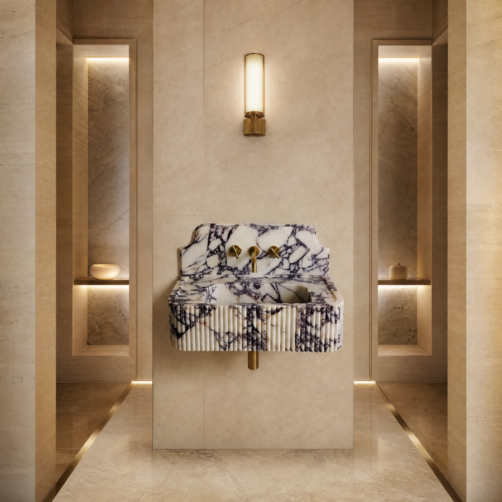 Calacatta Viola Backsplash Sink - Fluted palace hotel spa lifestyle image by VORELLI