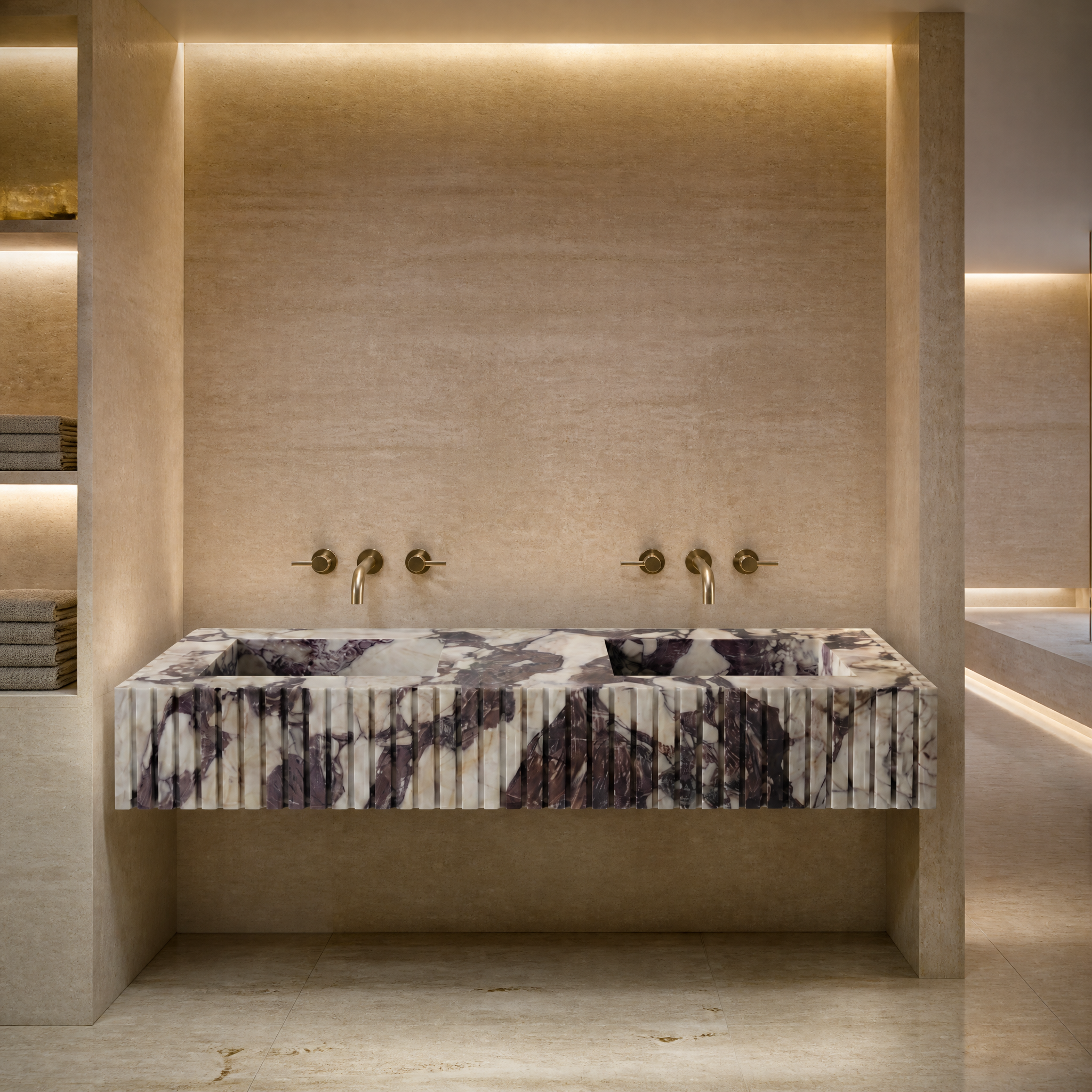 Calacatta Viola Extra Marble Double Sink - Fluted palace hotel spa lifestyle image by VORELLI