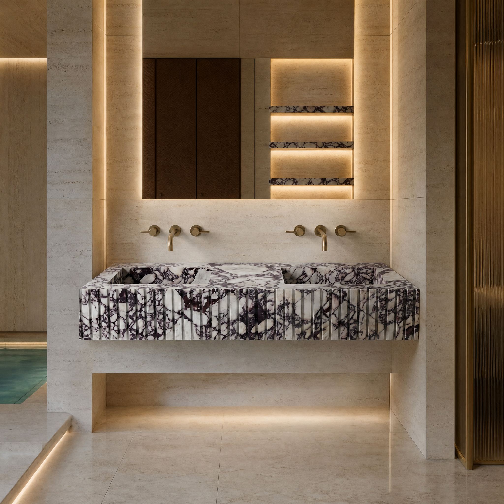 Calacatta Viola Marble Double Sink - Fluted palace hotel spa lifestyle image by VORELLI