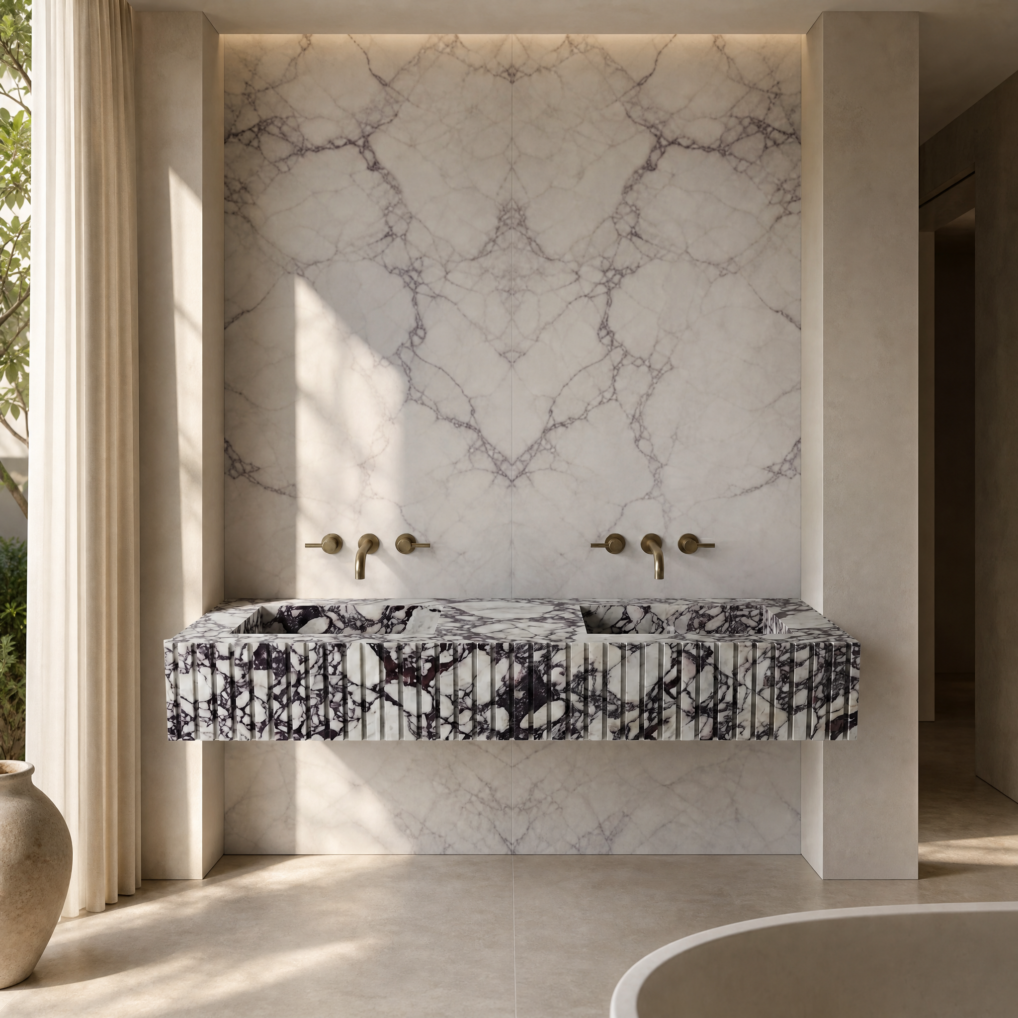 Calacatta Viola Marble Double Sink - Fluted private residence lifestyle image by VORELLI