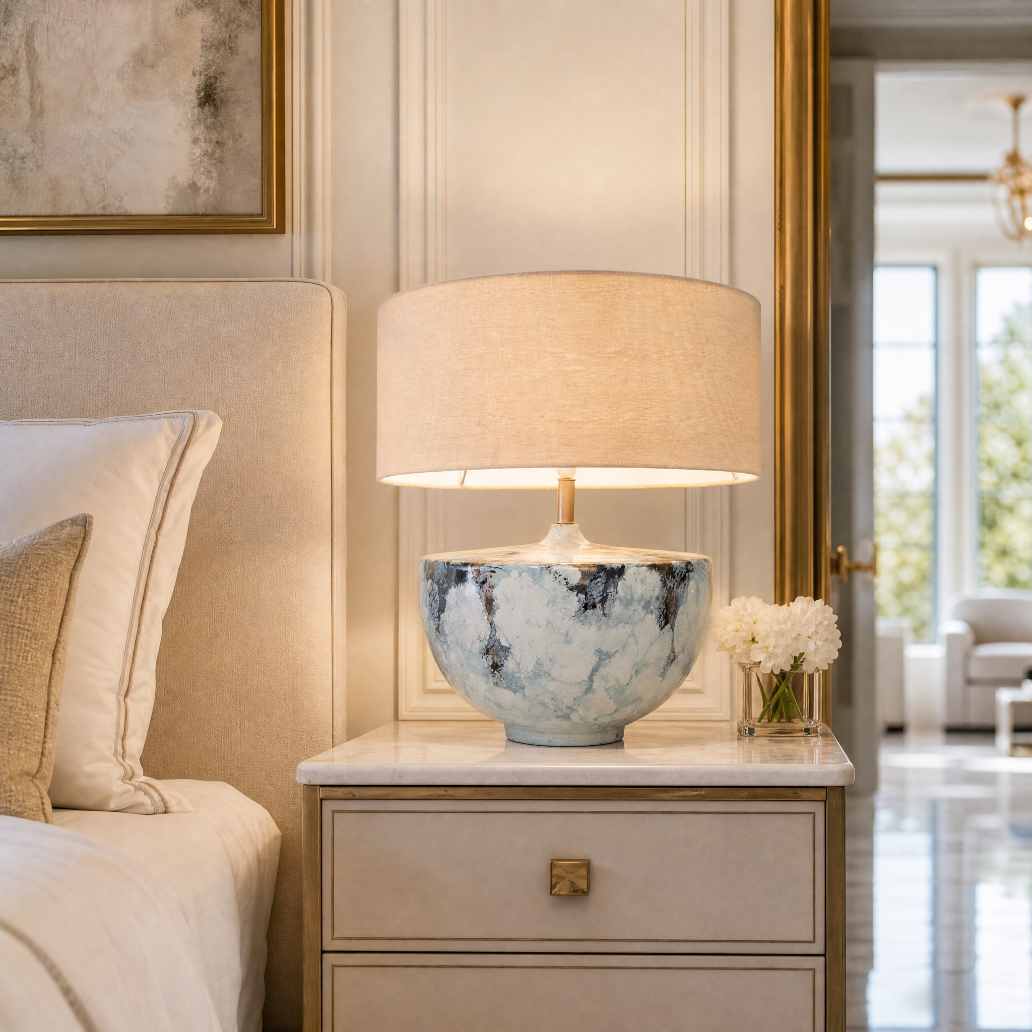 VORELLI Caldera table lamp with a blue and cream enamel ceramic base on a modern bedroom nightstand, casting a warm glow.