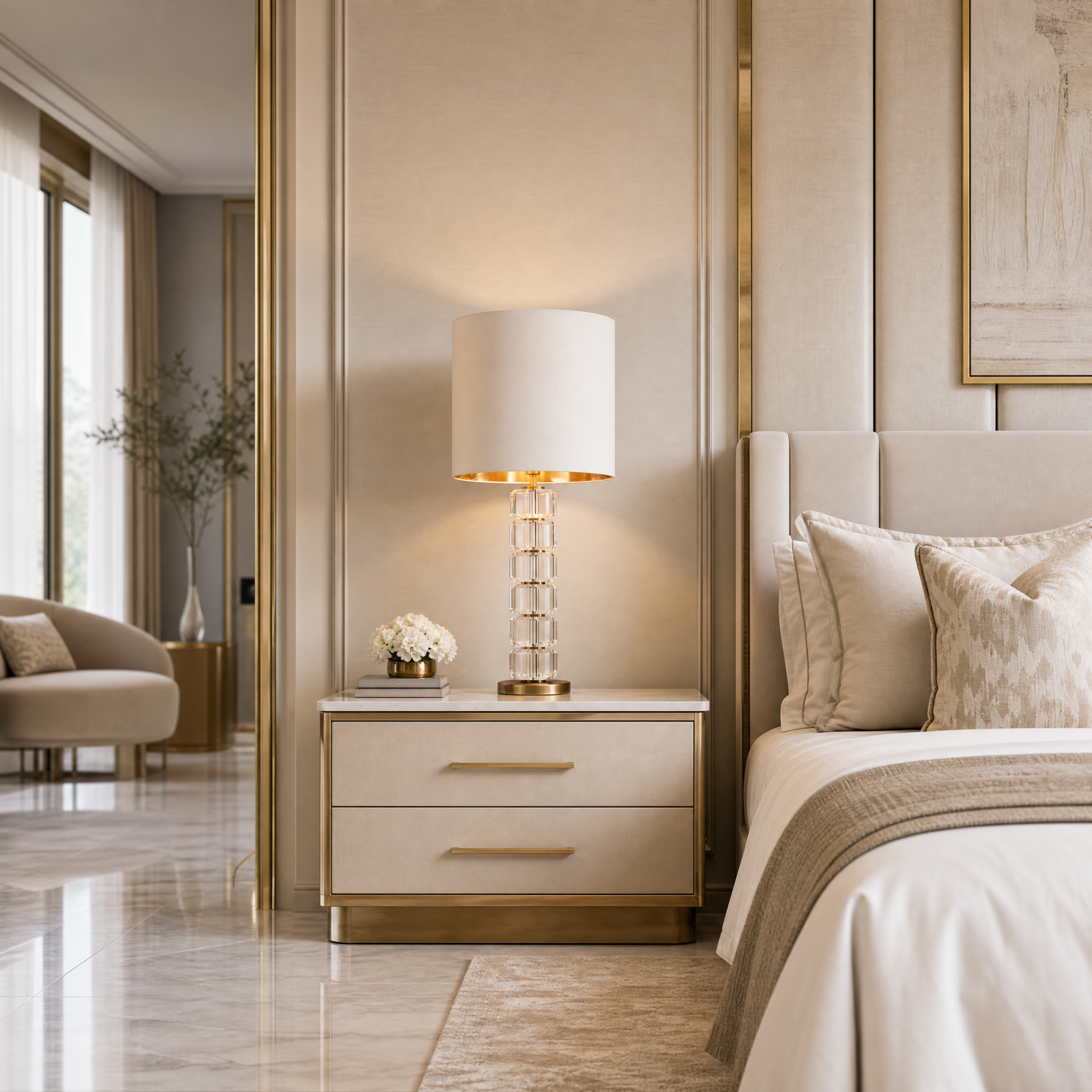 The VORELLI Caldris crystal table lamp casting a warm ambient glow on a bedside table in a luxury residential bedroom setting.