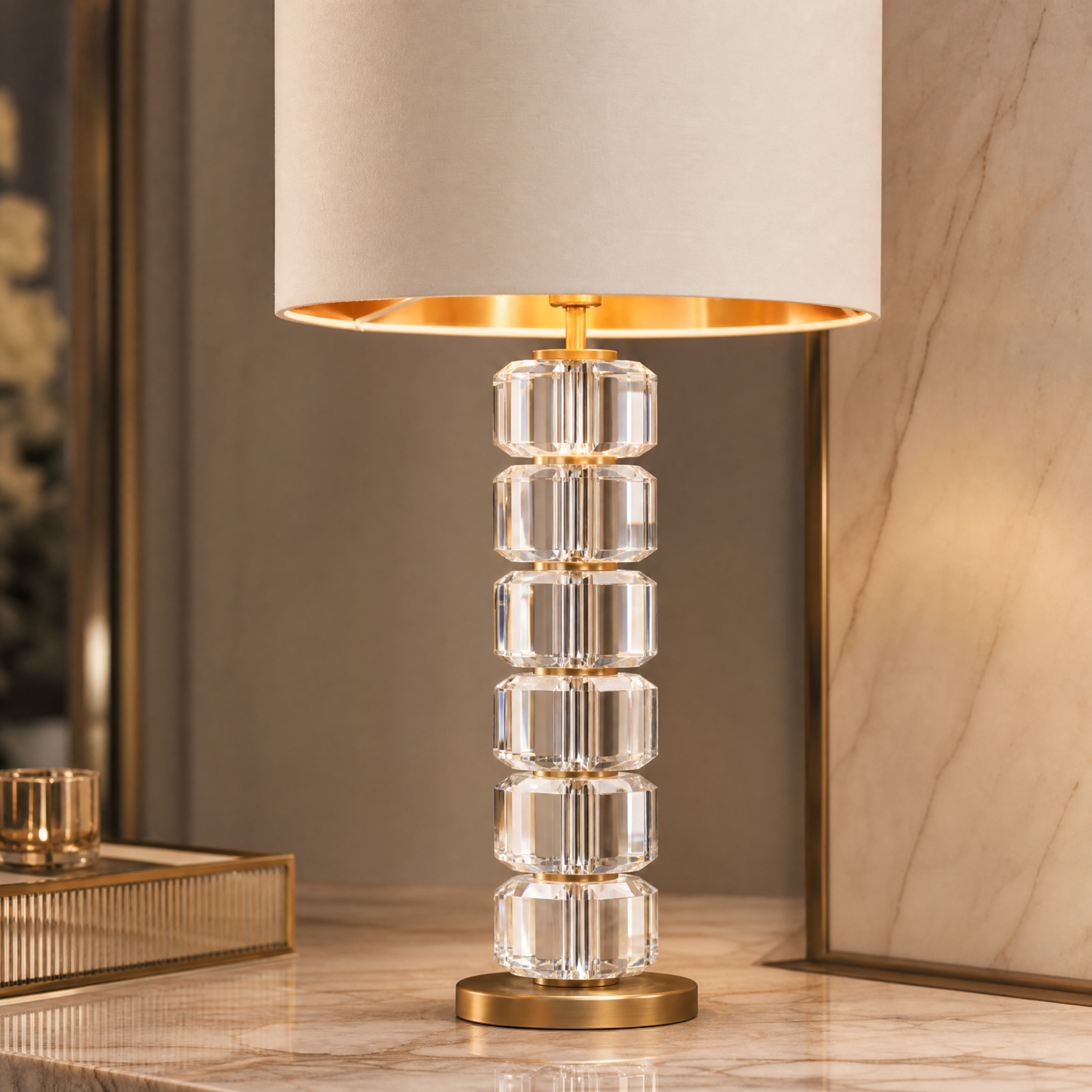 A detailed closeup of the VORELLI Caldris table lamp showing the stacked clear crystal elements, refined architectural silhouette, and soft opal fabric shade.