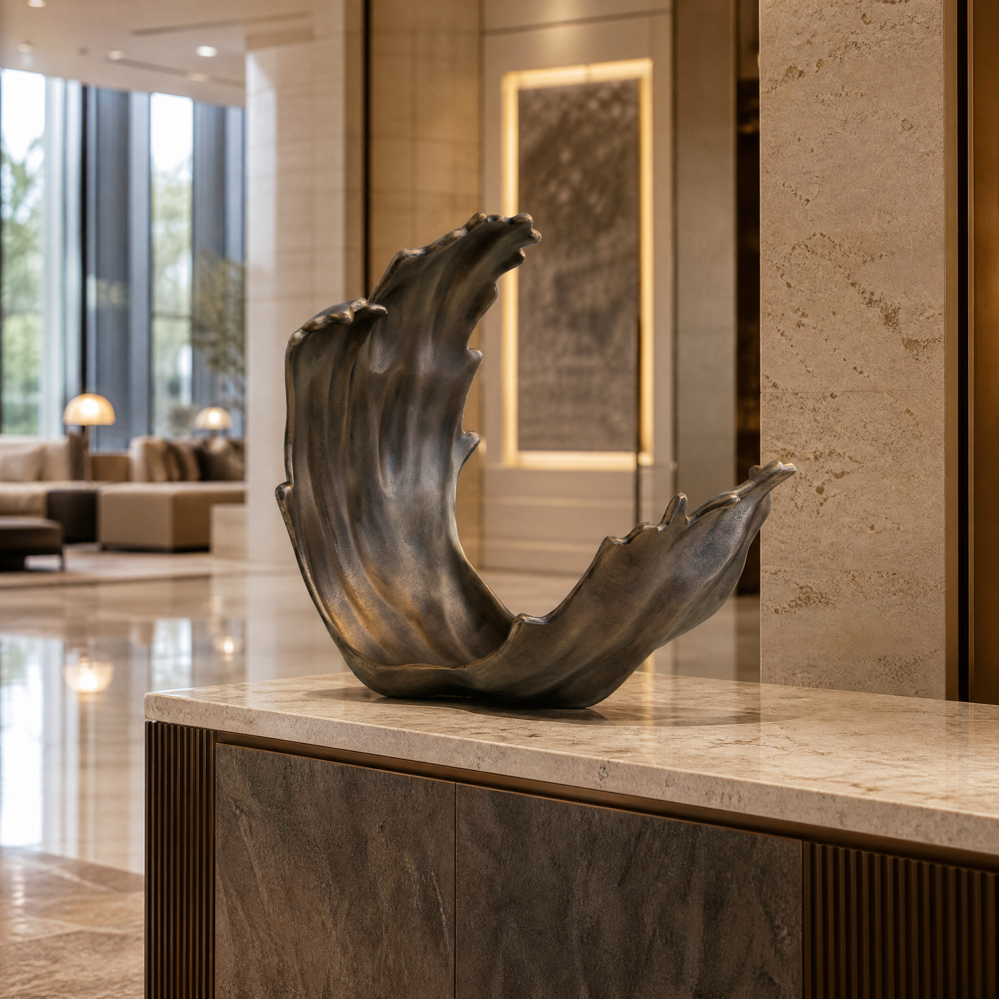 Luxury hospitality interior featuring the Vorelli Calvo gold accent piece on a hotel lobby console table, evoking a timeless and upscale ambiance.