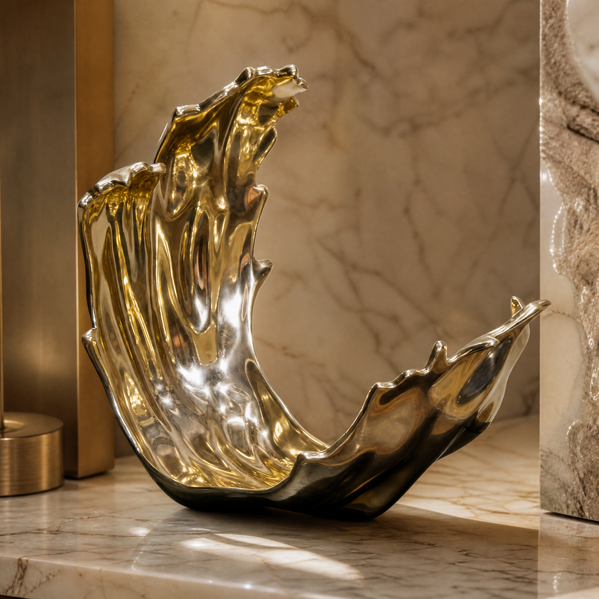 Macro closeup of the VORELLI Calvo gold ornament showing its flawless mirror-like surface and fluid sculptural curves.