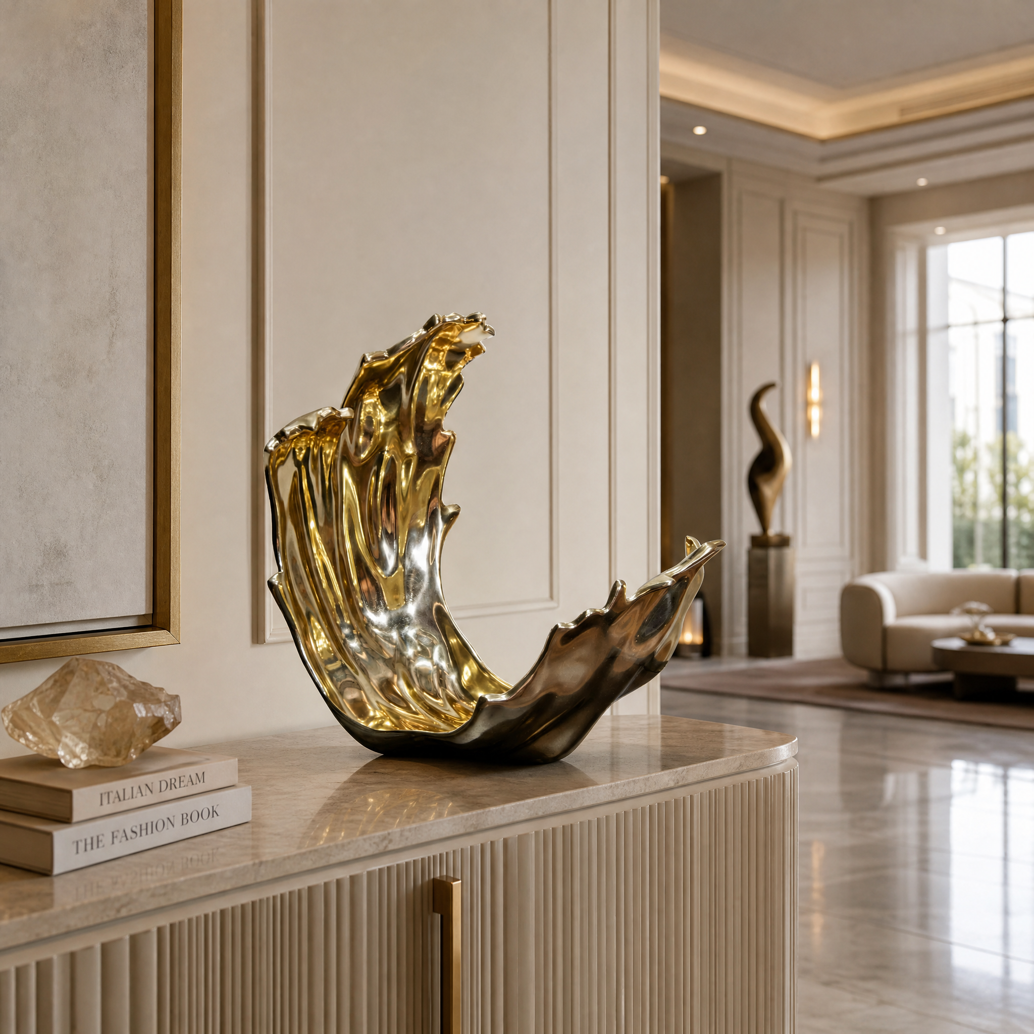 VORELLI Calvo gold ornament decor styled as a luxury centerpiece on a contemporary dining table, reflecting warm ambient light.