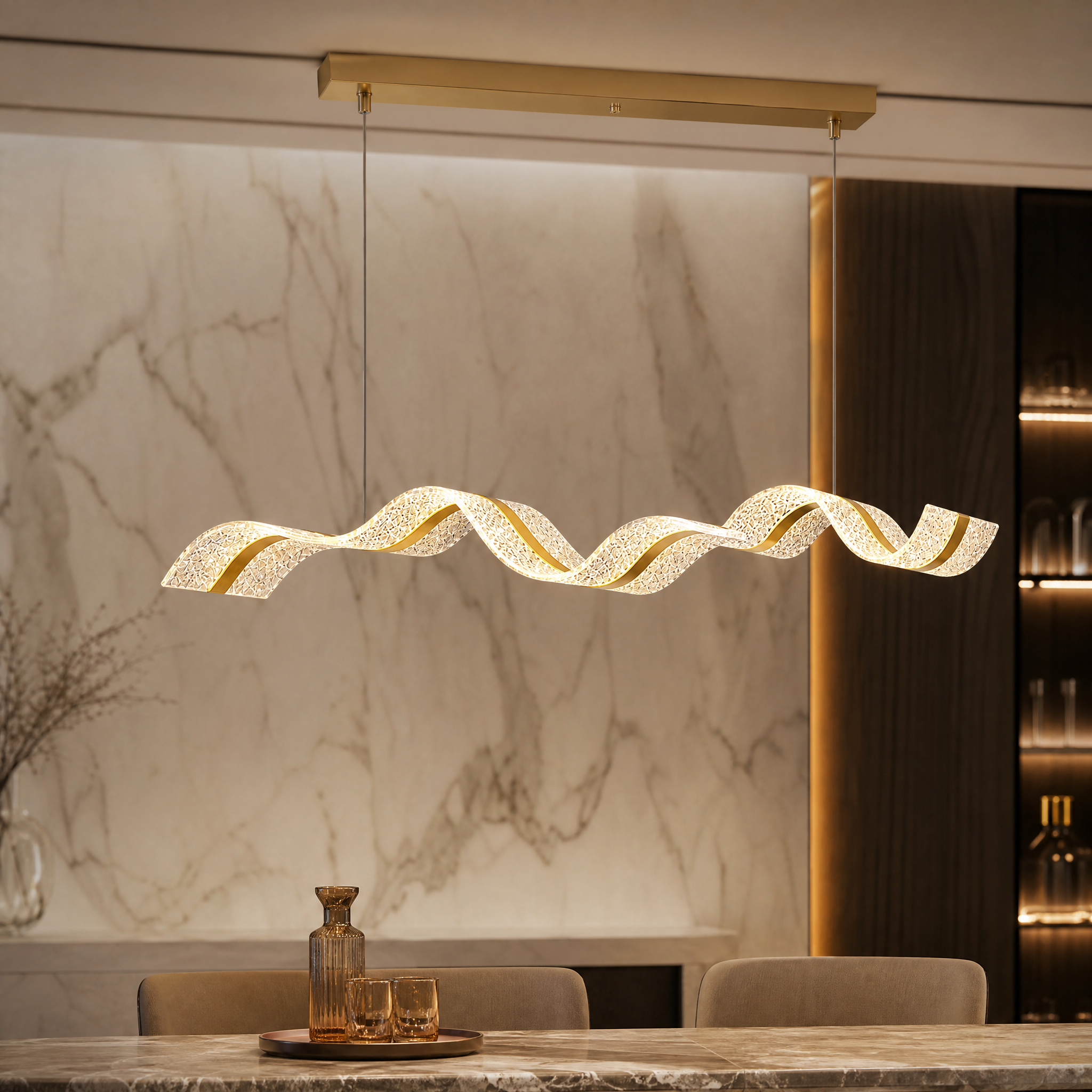 Detailed closeup of the VORELLI Capitano rectangular chandelier, highlighting the high-quality metal craftsmanship and curved aesthetic.