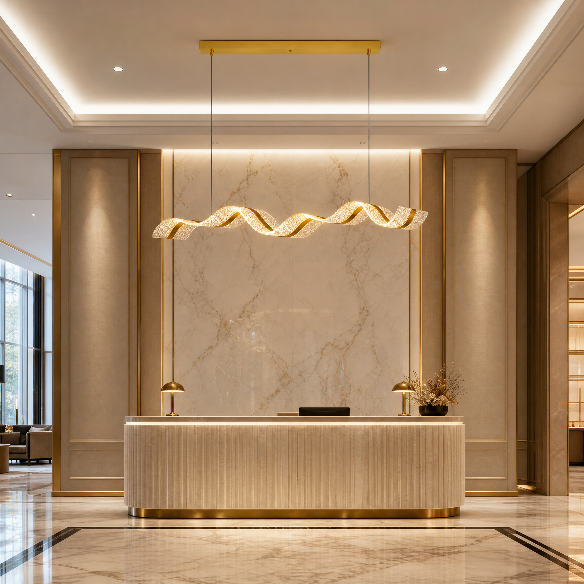 VORELLI Capitano rectangular chandelier featured in an upscale hotel lobby, emphasizing its sleek lines and contemporary elegance.
