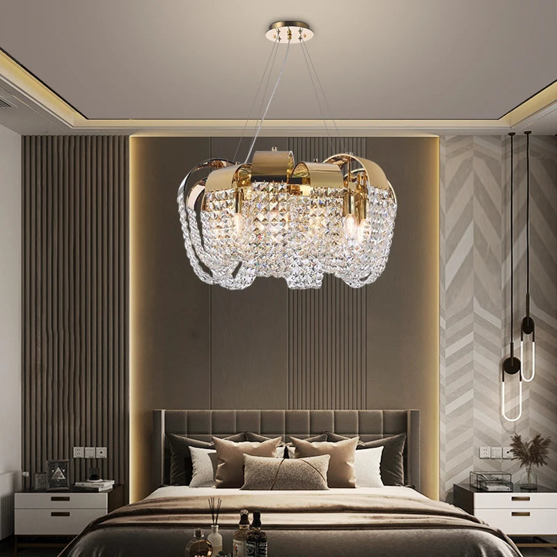 Capri Circular Chandelier with diamond-cut square crystals illuminating a luxury bedroom interior.
