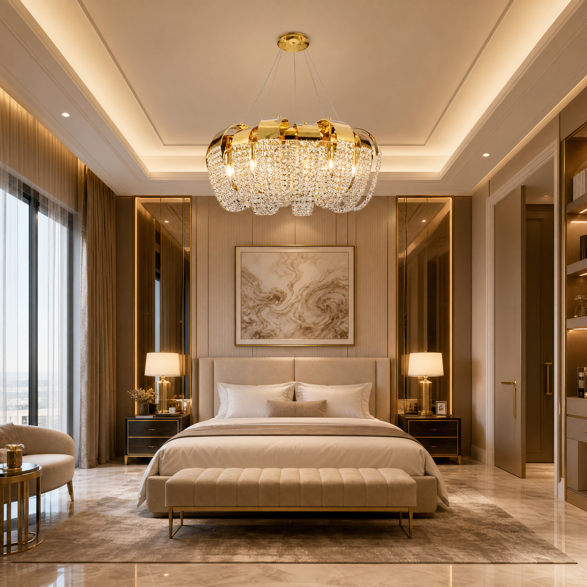 The opulent Capri crystal chandelier by VORELLI installed in a grand luxury hotel lobby to create a sophisticated ambiance.