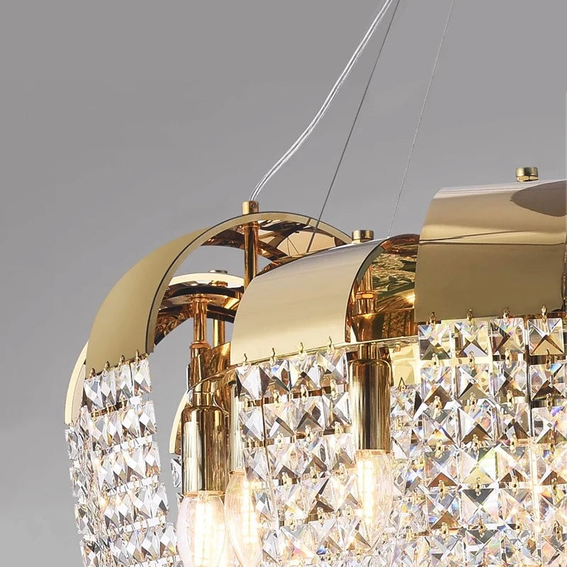 Side view of the Capri Circular Chandelier showcasing its layered crystal arrangement and modern elegance.