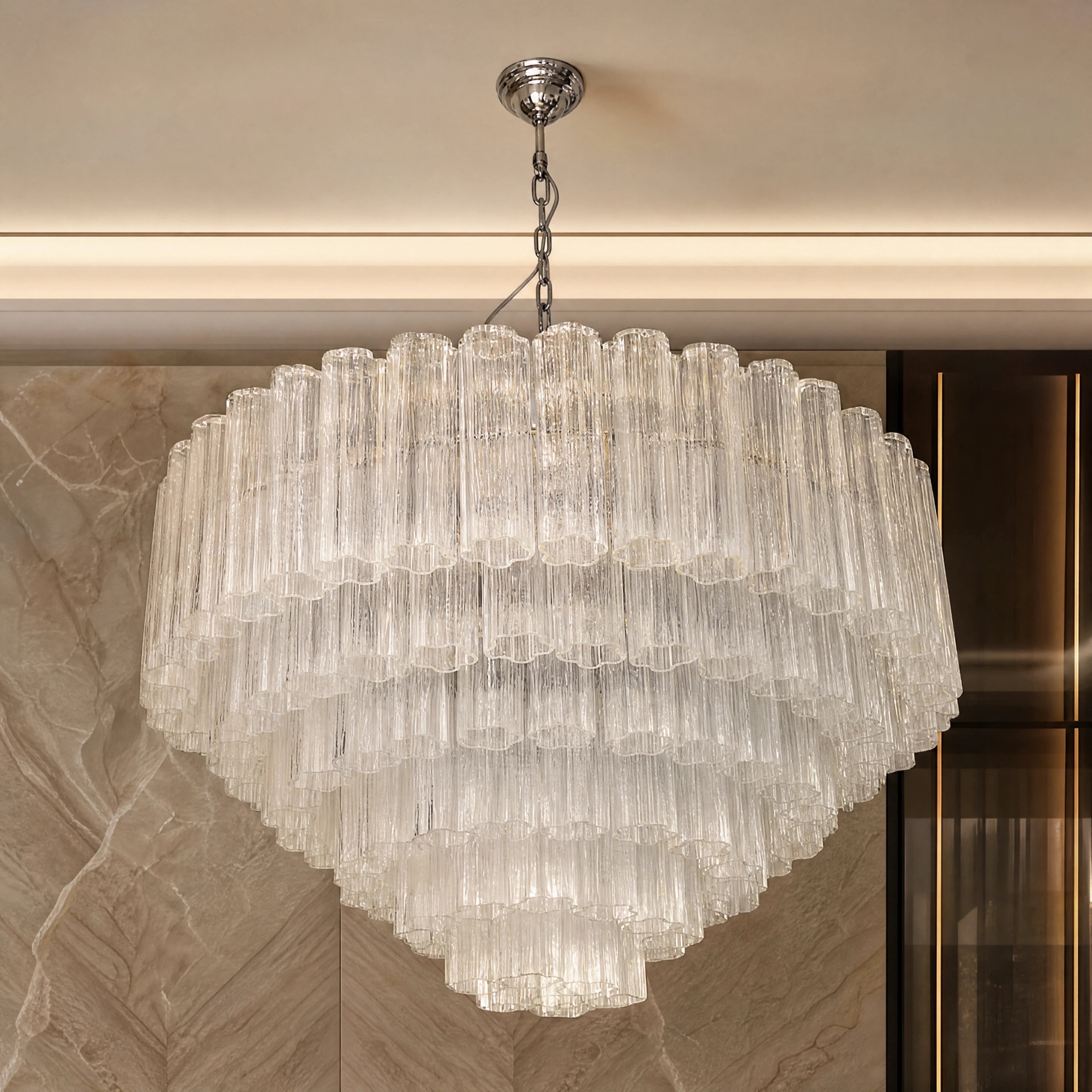 Candela Tronchi Murano Glass Staircase Chandelier close-up luxury lifestyle hero image by VORELLI